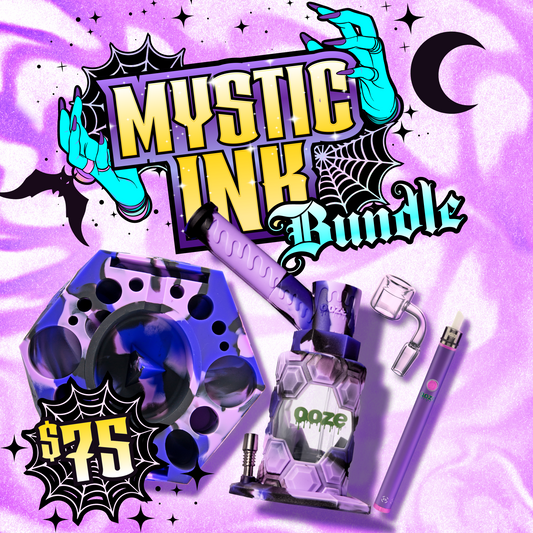 The Mystic Ink bundle is a purple graphic with a witchy vibe. It shows the bangarang, mojo, a thermal banger, and purple twist slim pen 2.0 with a chrome hot knife tip.