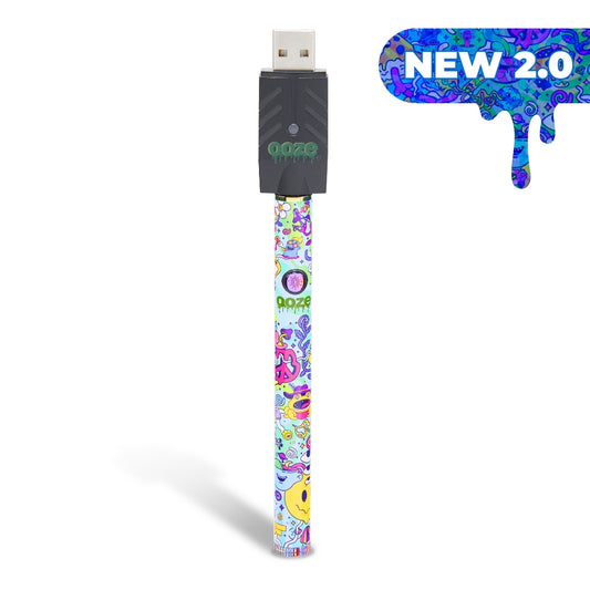 The Ooze Twist Slim Pen 2.0 in the Chroma design has the Smart USB charger attached and a decal that says "NEW 2.0" in the top right corner.
