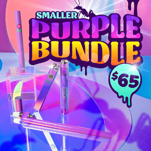 The Smaller Purple Bundle graphic says it is $65. It shows all purple pieces: twist slim pen 2.0, quad, slim clear, and connectar.