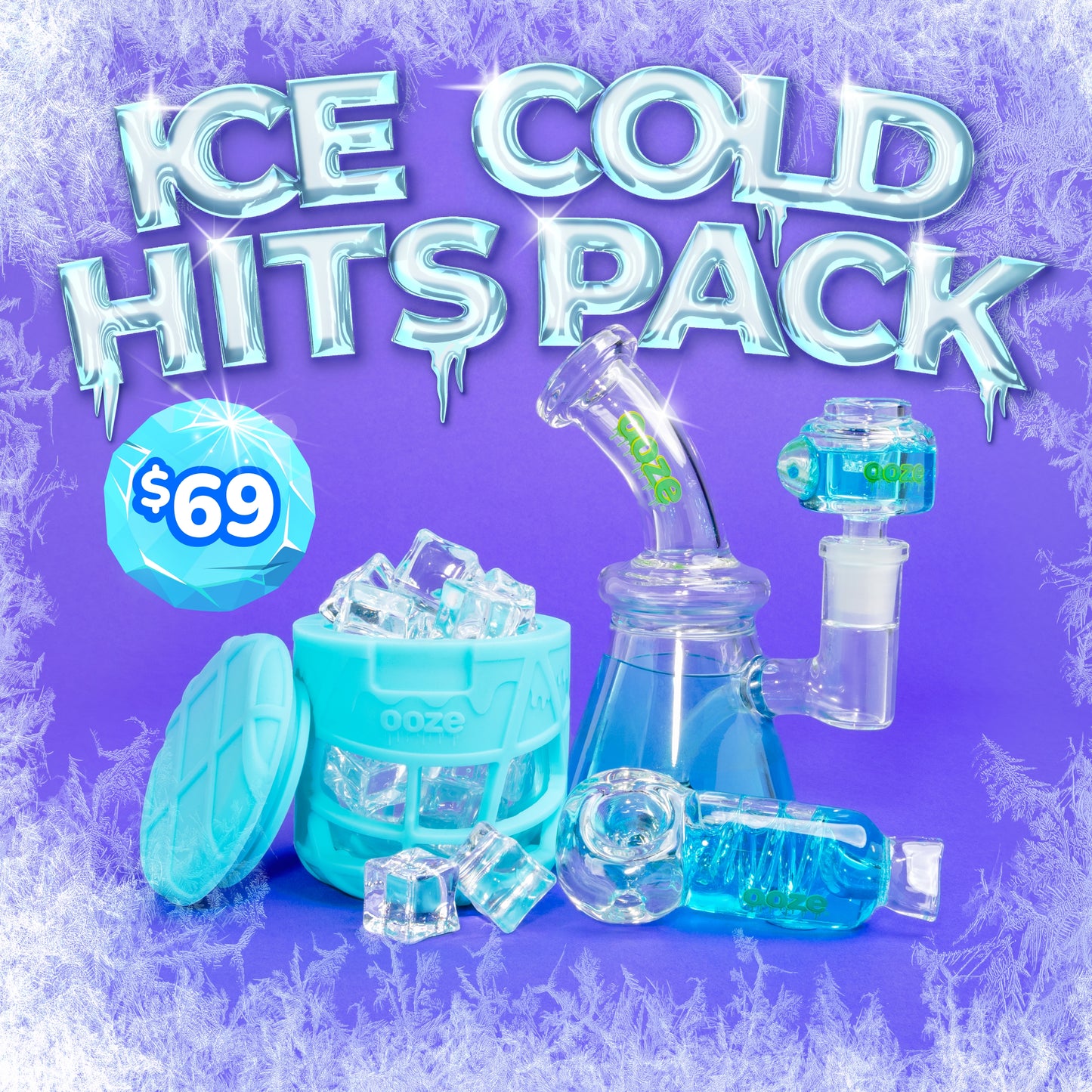 The Ice Cold Hits Pack graphic has an icy purple background and shows the aqua teal Glyco, cryo and prizm stash jar filled with ice