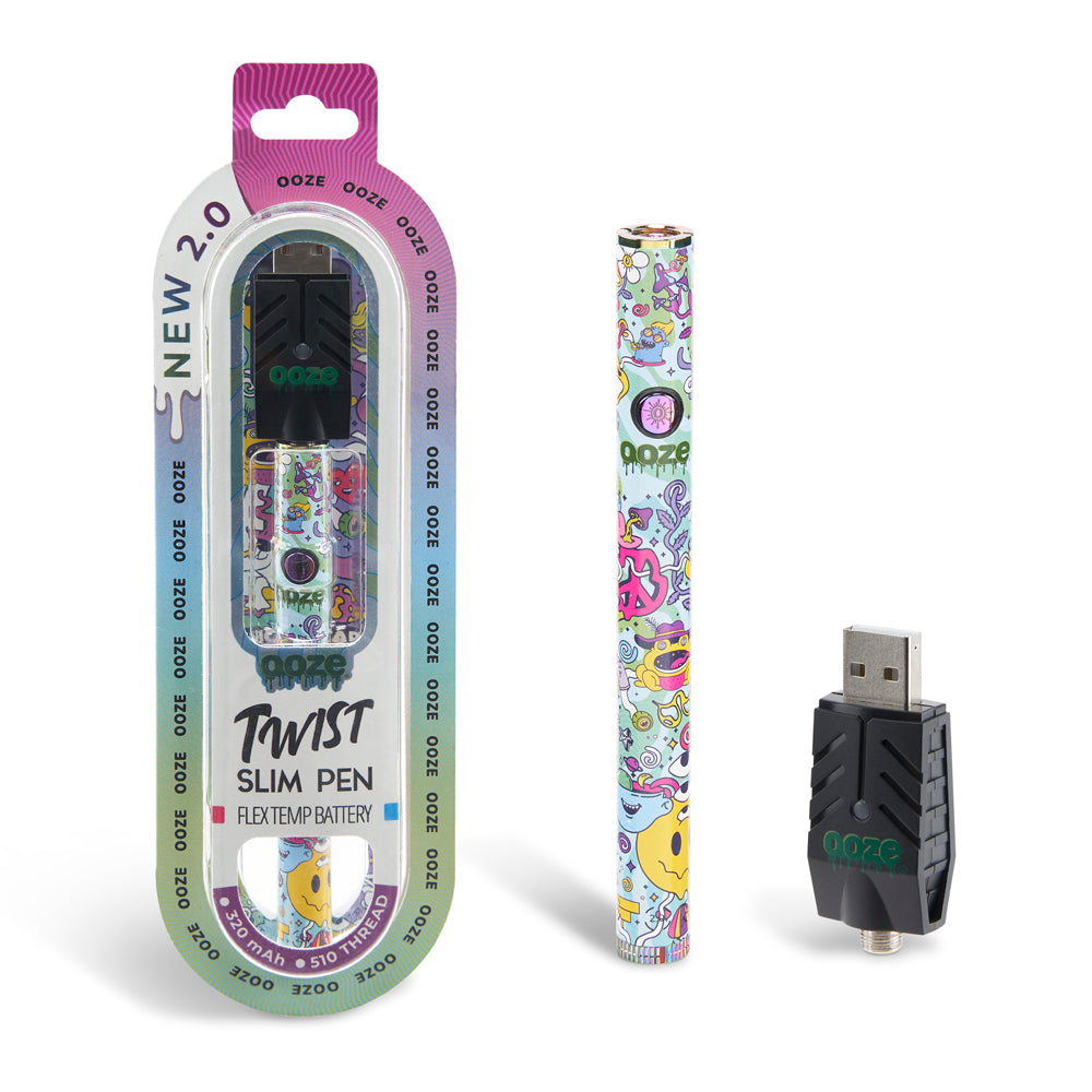 The Ooze Twist Slim Pen 2.0 in Chroma is shown in the original packaging and standing alone next to the usb charger against a white background.