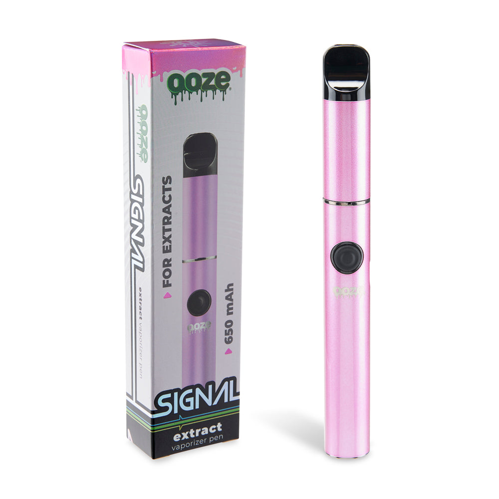 The Ice Pink Ooze Signal wax pen is standing upright with the original packaging next to the device against a white background.
