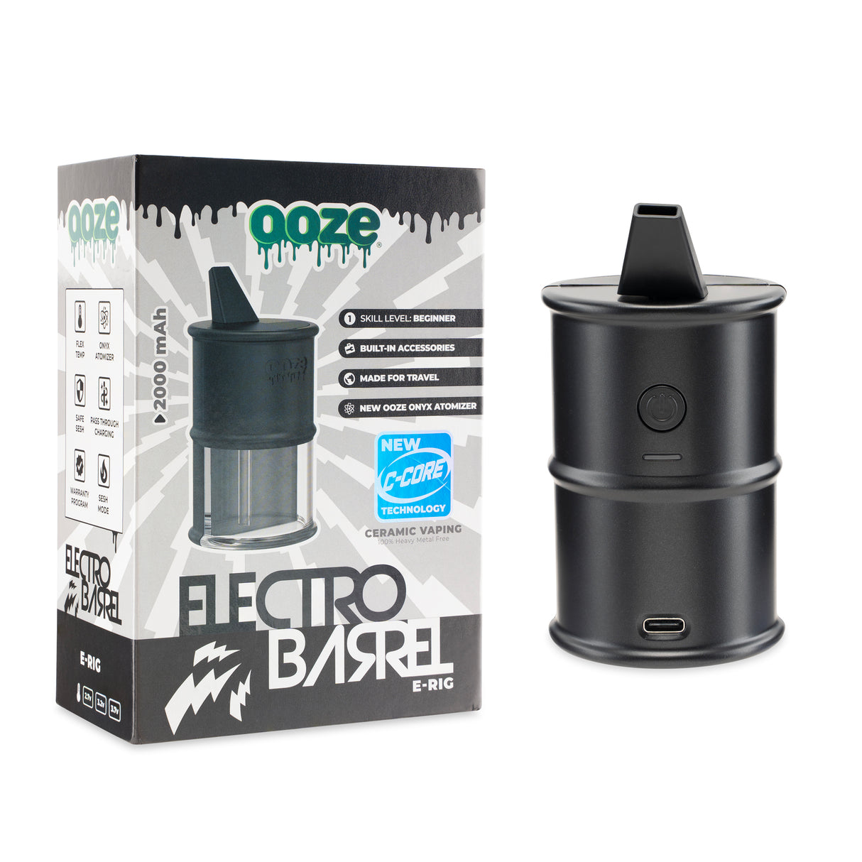view of product box and black Electro Barrel electric dab rig outside of it