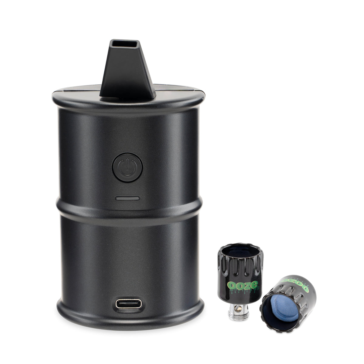 front view of black Electro Barrel electric dab rig with attachments