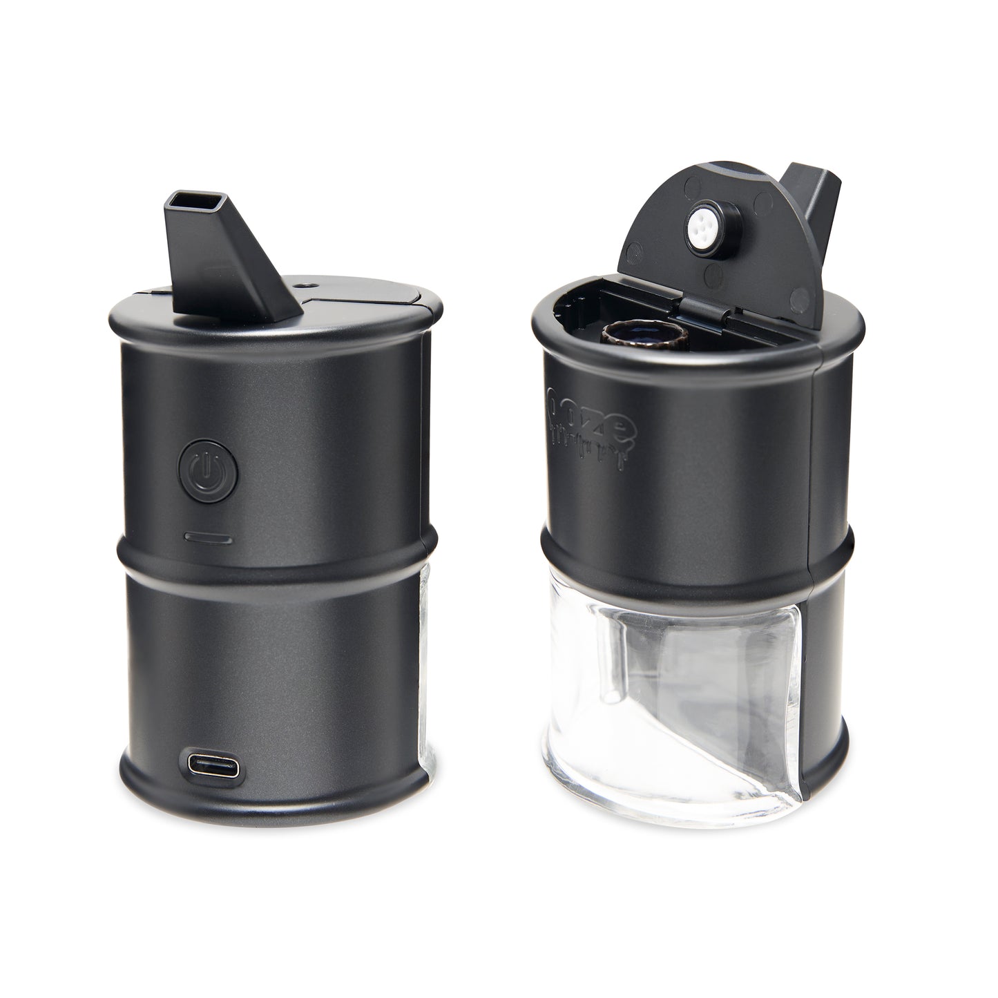 Two of the Panther Black Ooze Electro Barrel E-Rigs are shown side by side to show the front and back. On the left is the back where the button is shown and the front is shown on the right with the water chamber visible and lid open to show the Onyx Atomizer.
