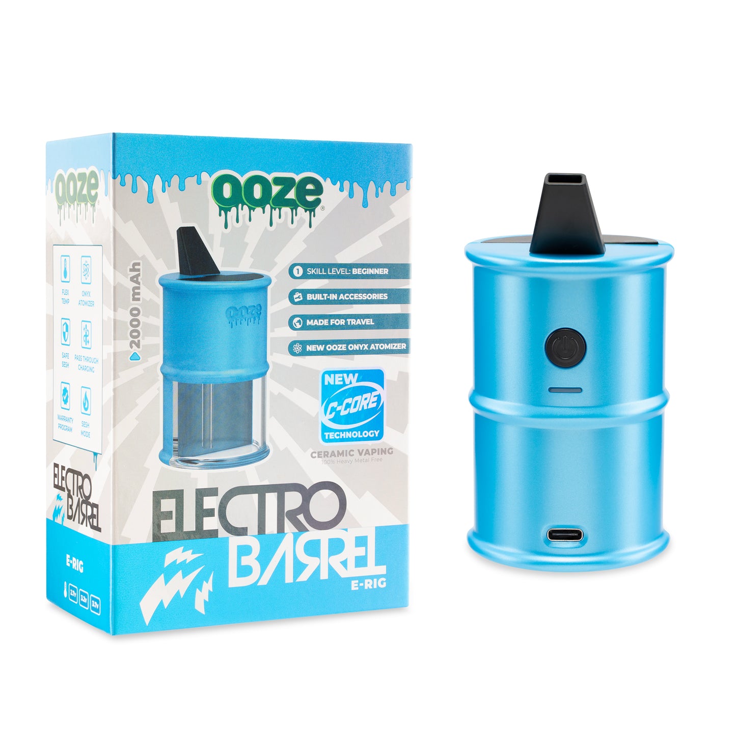 The Arctic Blue Ooze Electro Barrel E-Rig is shown standing next to the packaging.