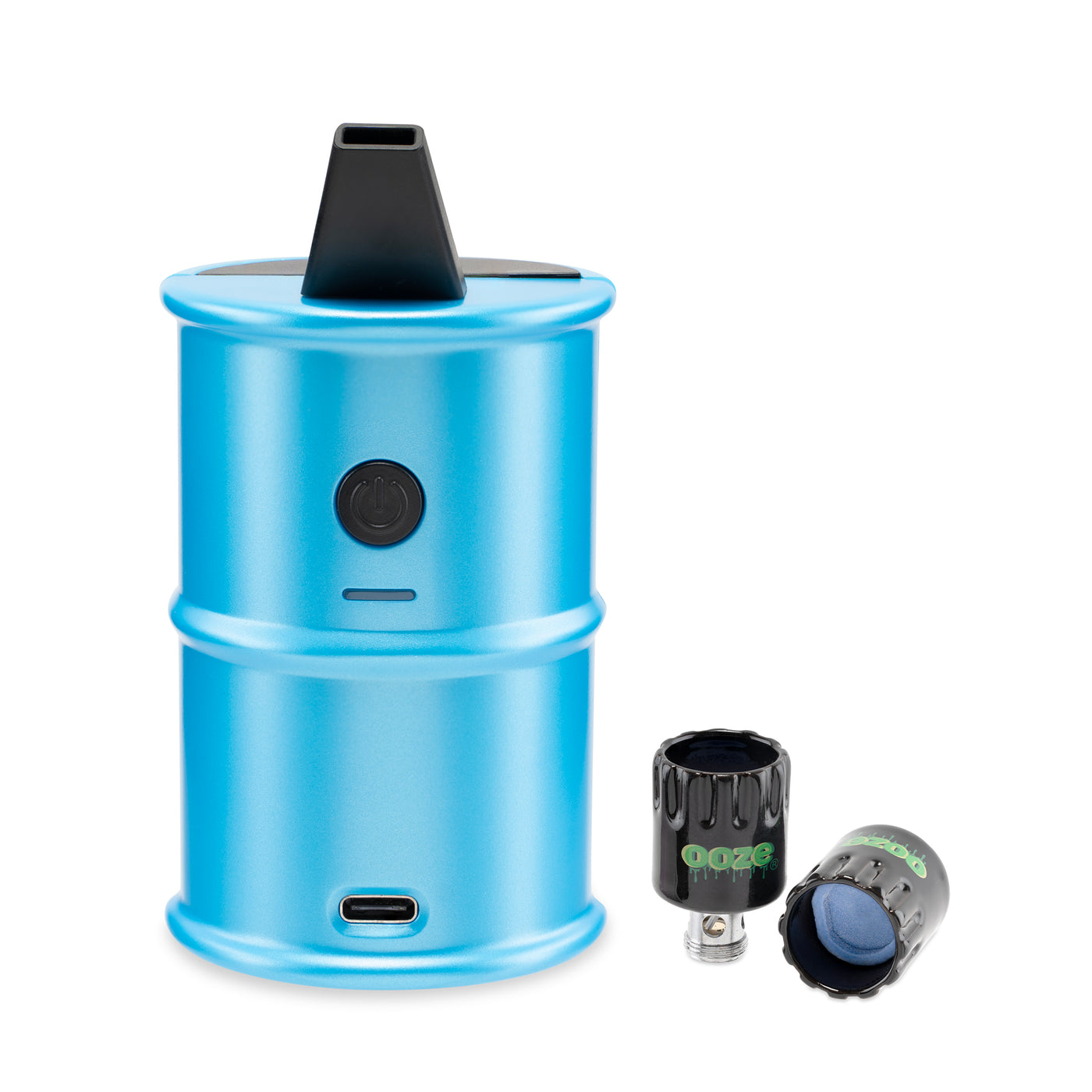 front view of blue Electro Barrel electric dab rig with attachments