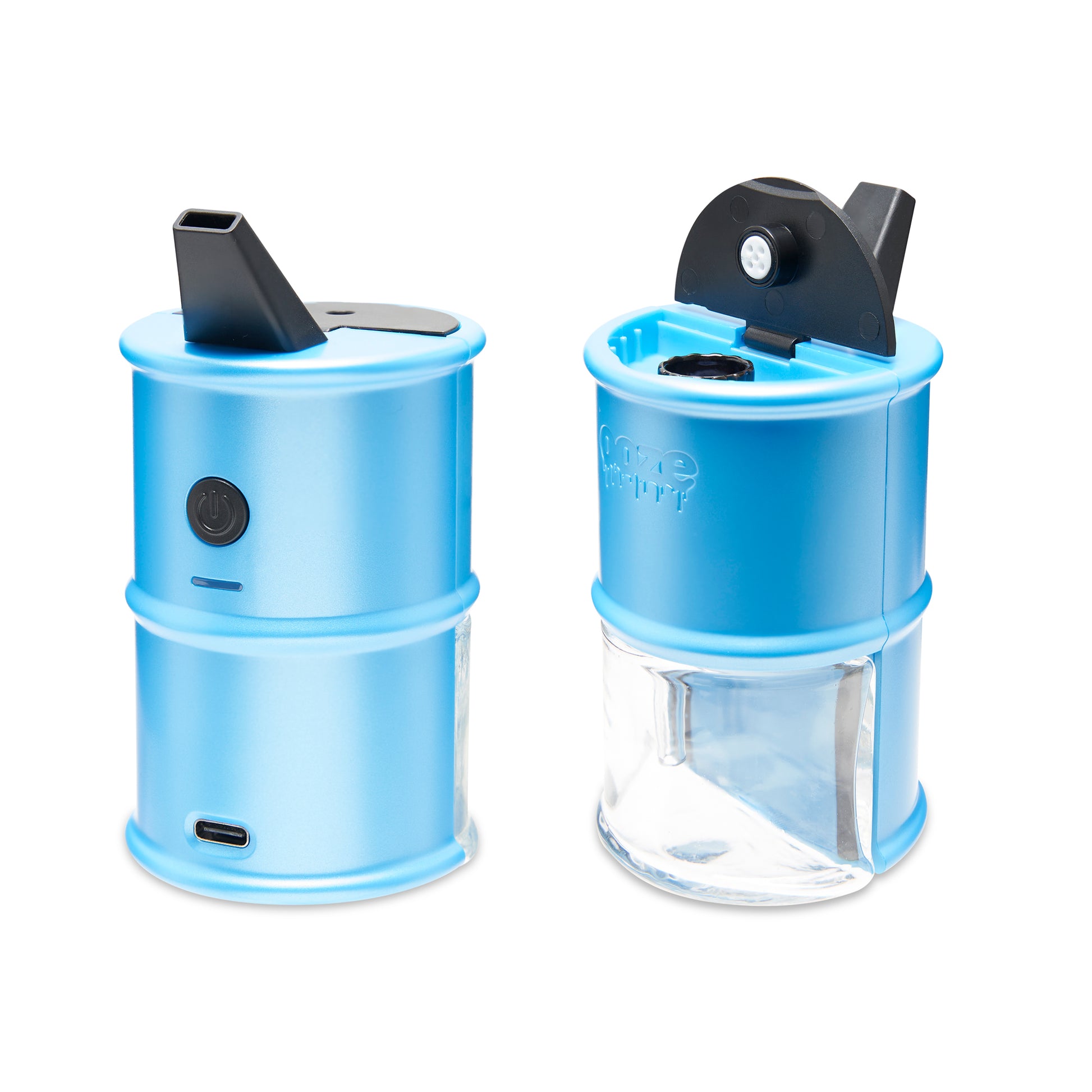 Two of the Arctic Blue Ooze Electro Barrel E-Rigs are shown side by side to show the front and back. The left side shows the back with the button visible, and the right shows the front with the water chamber shown and lid open.