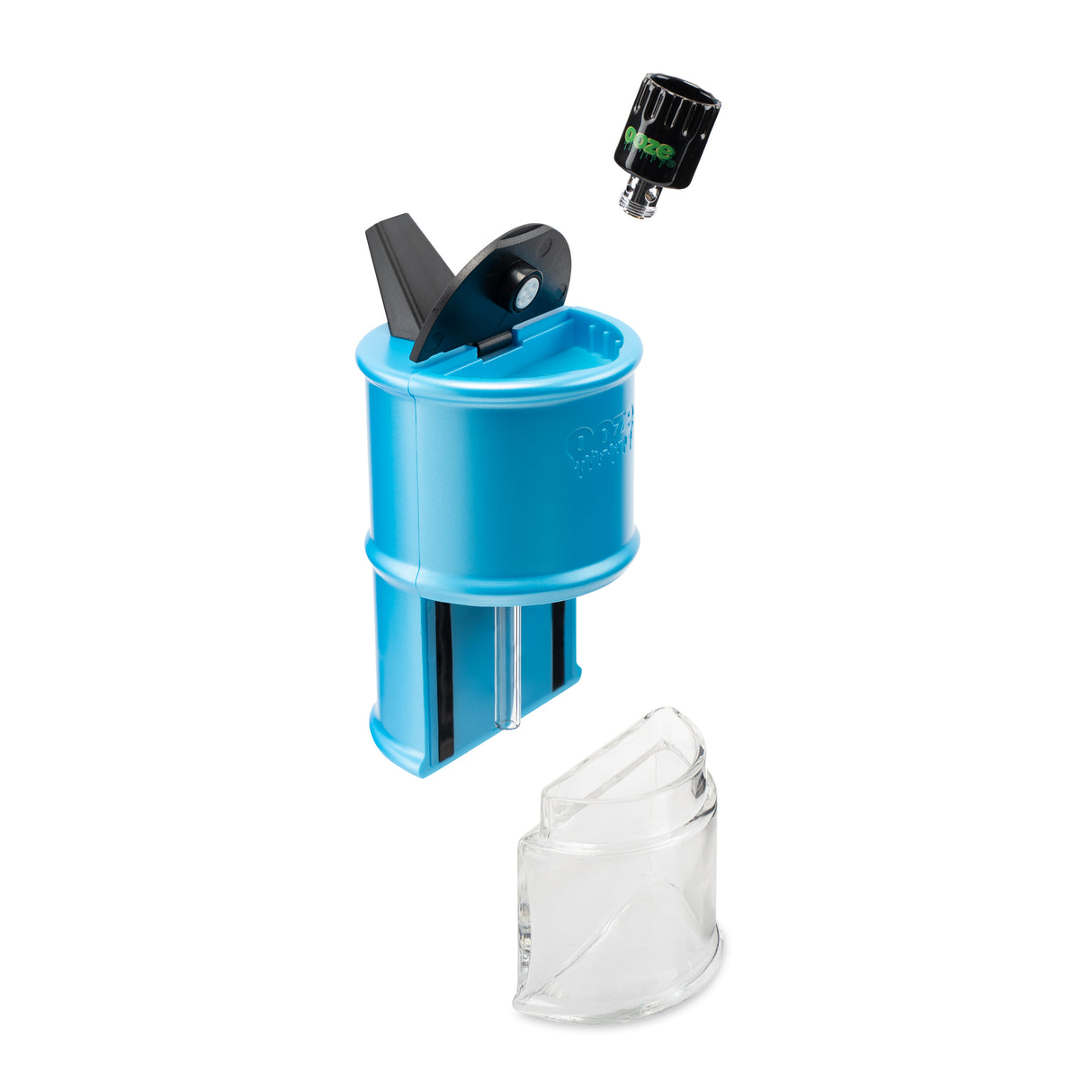 The Arctic Blue Ooze Electro Barrel E-Rig is shown disassembled. The water chamber and Onyx Atomizer are floating near the device and the lid is open.