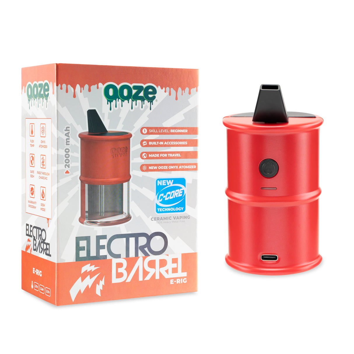 view of product box and red Electro Barrel electric dab rig outside of it