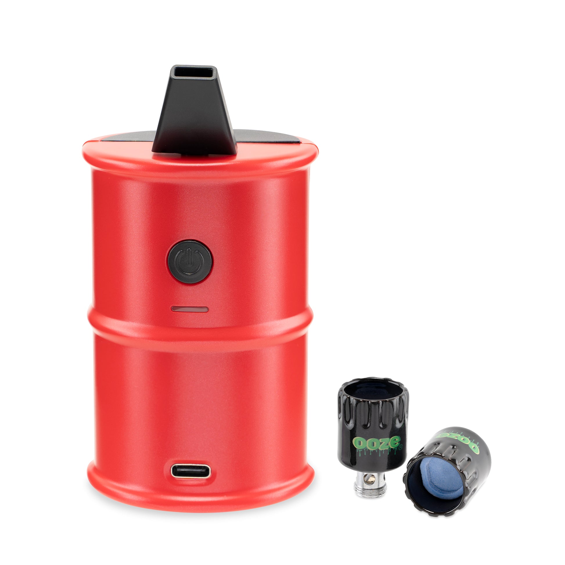 The Ruby Red Ooze Electro Barrel E-Rig is shown facing forward with the 2 replacement Onyx Atomizers to the right.