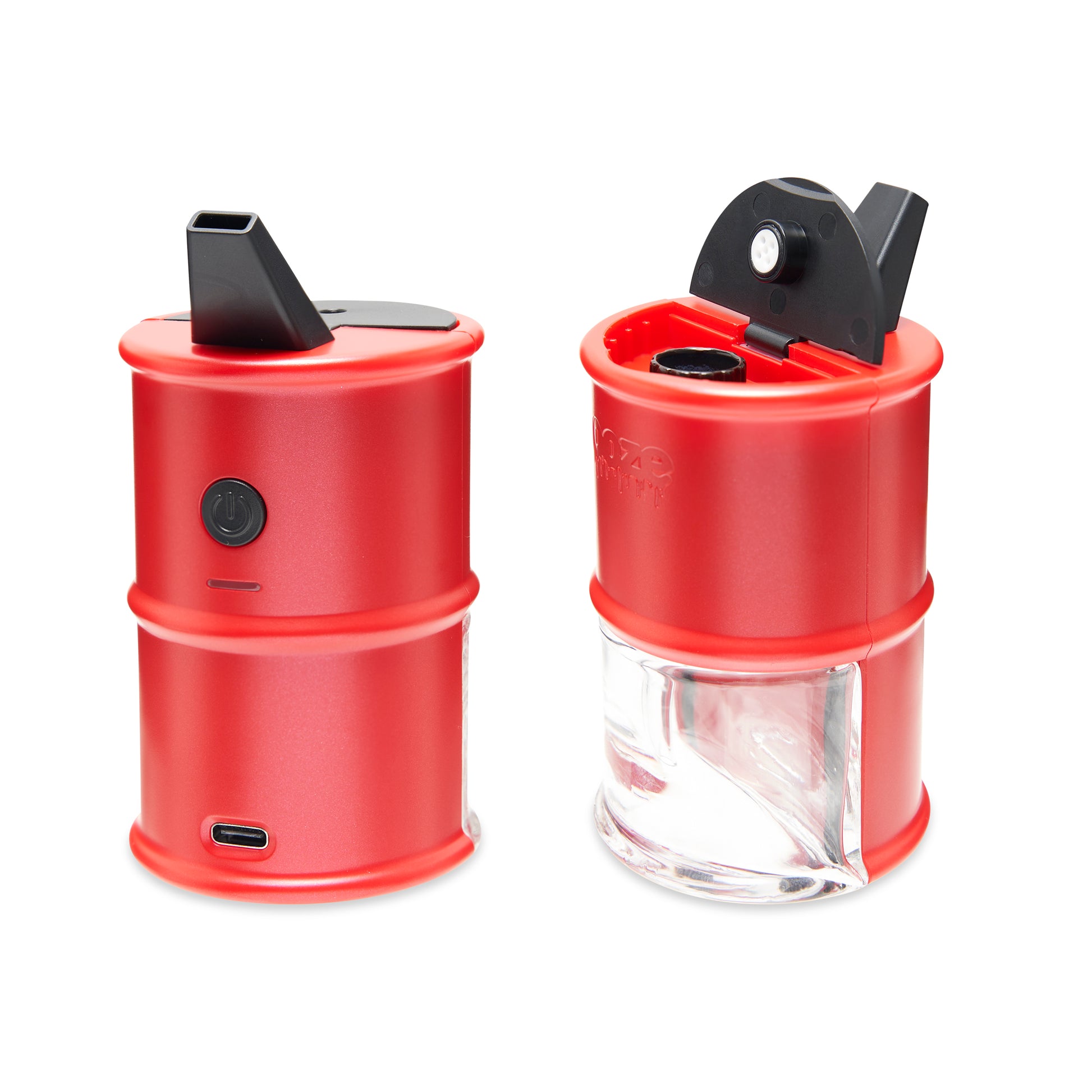 Two Ruby Red Ooze Electro Barrel E-Rigs are shown side by side. On the left it shows the back with the button, and on the right is the front of the device showing the water chamber with the lid open.