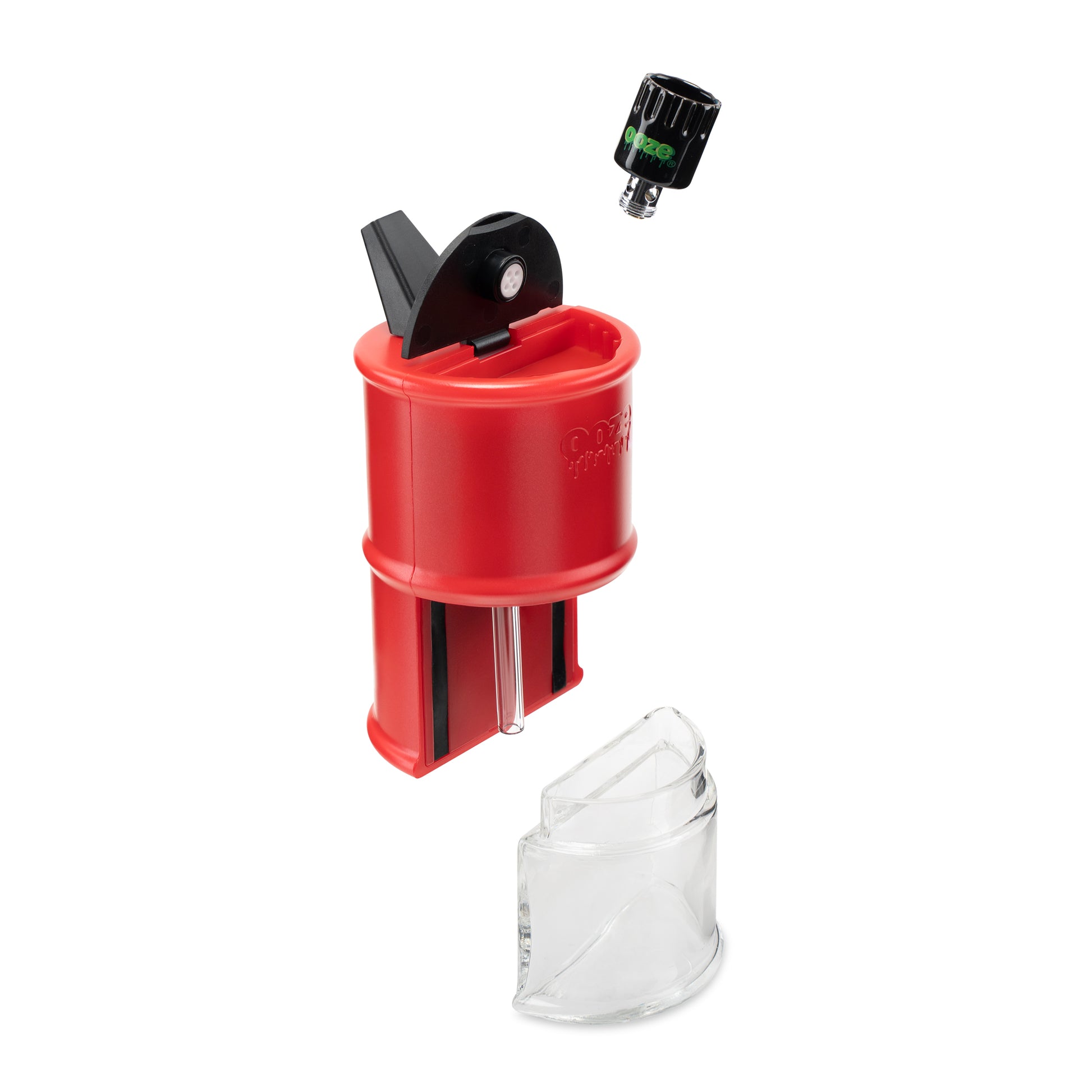 The Ruby Red Ooze Electro Barrel E-Rig is shown with all removable pieces disassembled. The water chamber and Onyx Atomizer are floating near the device and the lid is open.