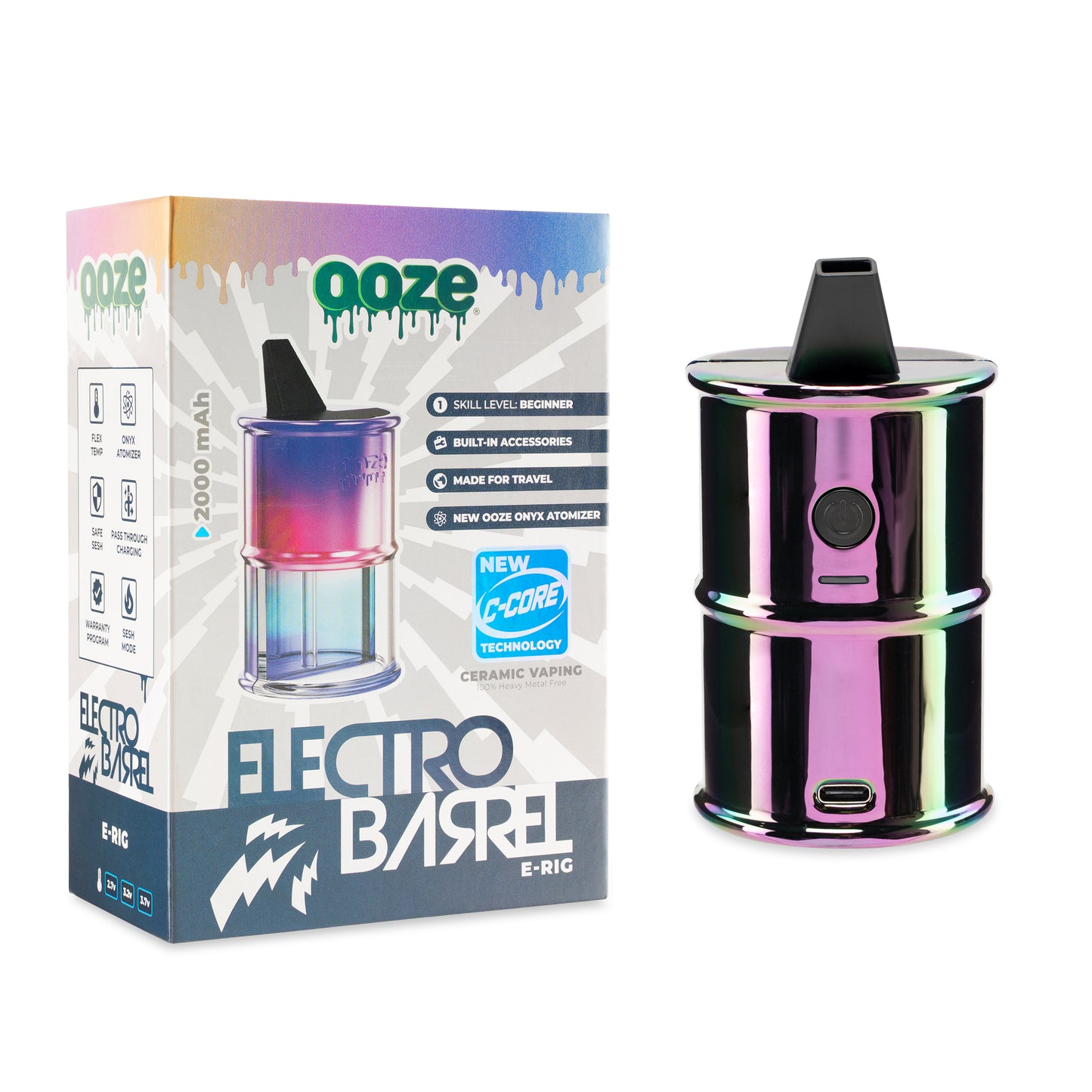 The Rainbow Ooze Electro Barrel E-Rig is shown next to its packaging.