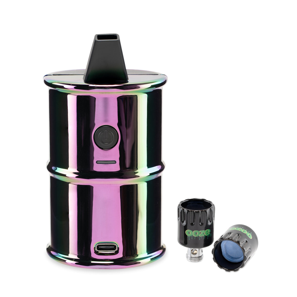 front view of rainbow Electro Barrel electric dab rig with attachments
