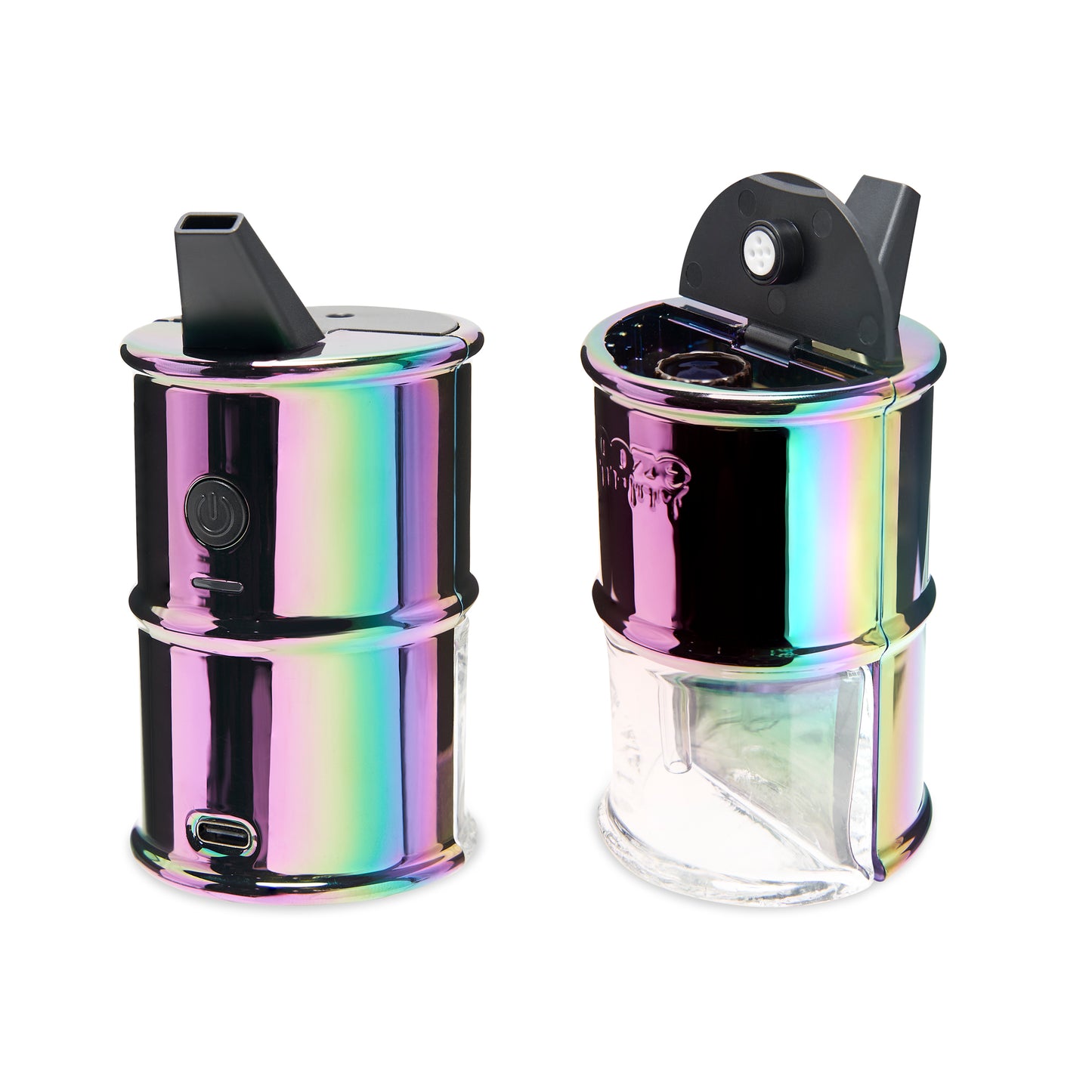 Two of the Rainbow Ooze Electro Barrel E-Rigs are side by side to show the front and back. The back is shown on the left with the button visible, and the front is on the right with the water chamber shown and lid lifted.