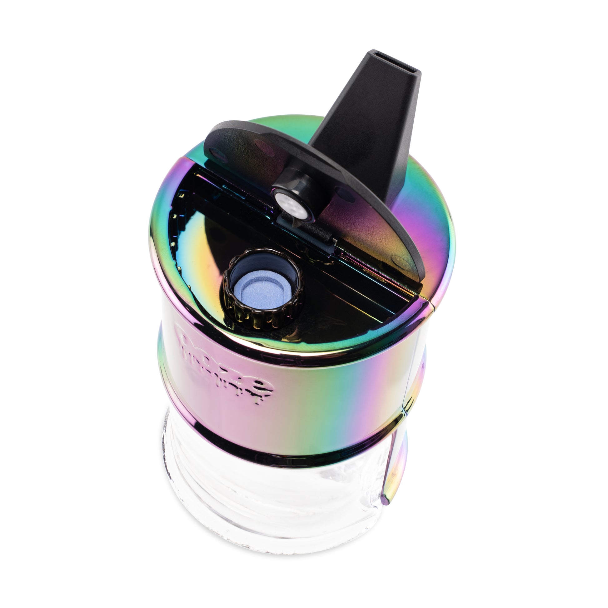 The Rainbow Ooze Electro Barrel E-Rig is shown from above with the lid open to reveal the Onyx Atomizer.