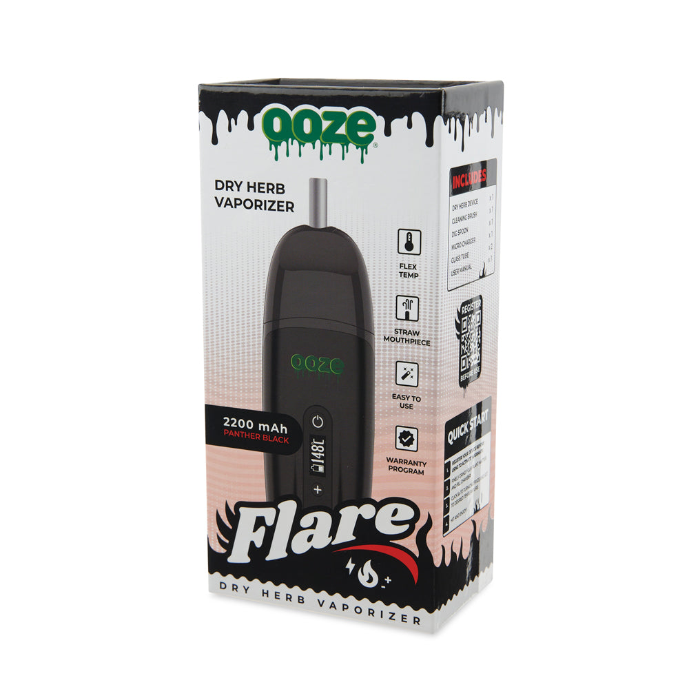Angled left view of Black Flare flower vape product box