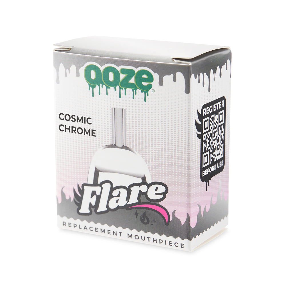 The packaging for the chrome replacement mouthpiece for the Ooze Flare on an angle.