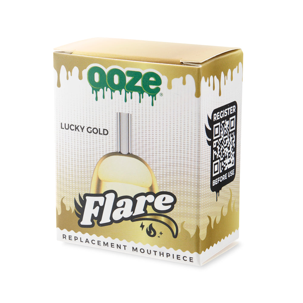 The packaging for the gold Ooze Flare replacement mouthpiece kit on an angle against a white background.