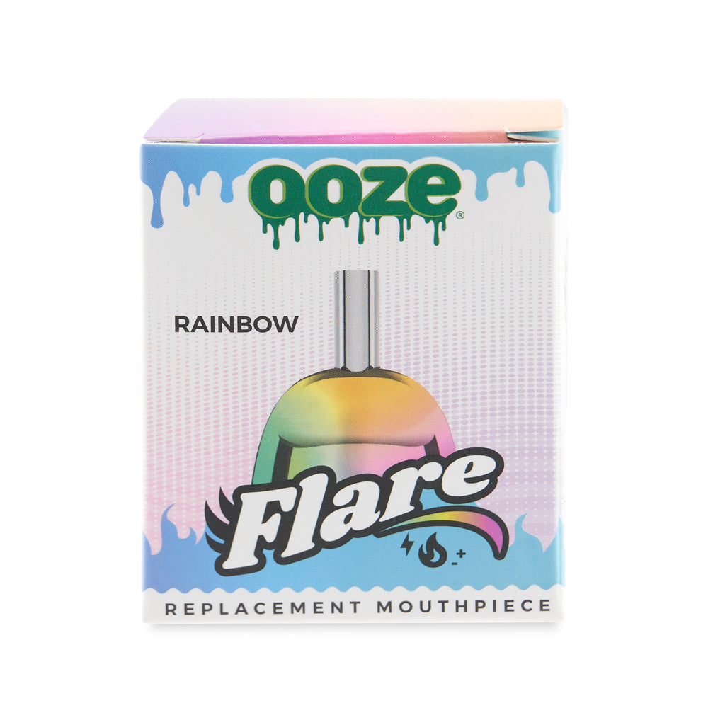 The packaging for the rainbow Ooze Flare replacement mouthpiece against a white background.