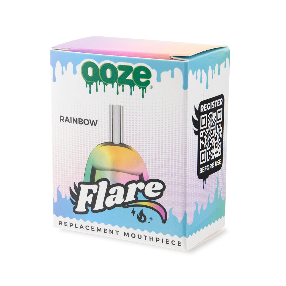 The packaging for the Ooze Flare replacement rainbow mouthpiece on an angle against a white background.