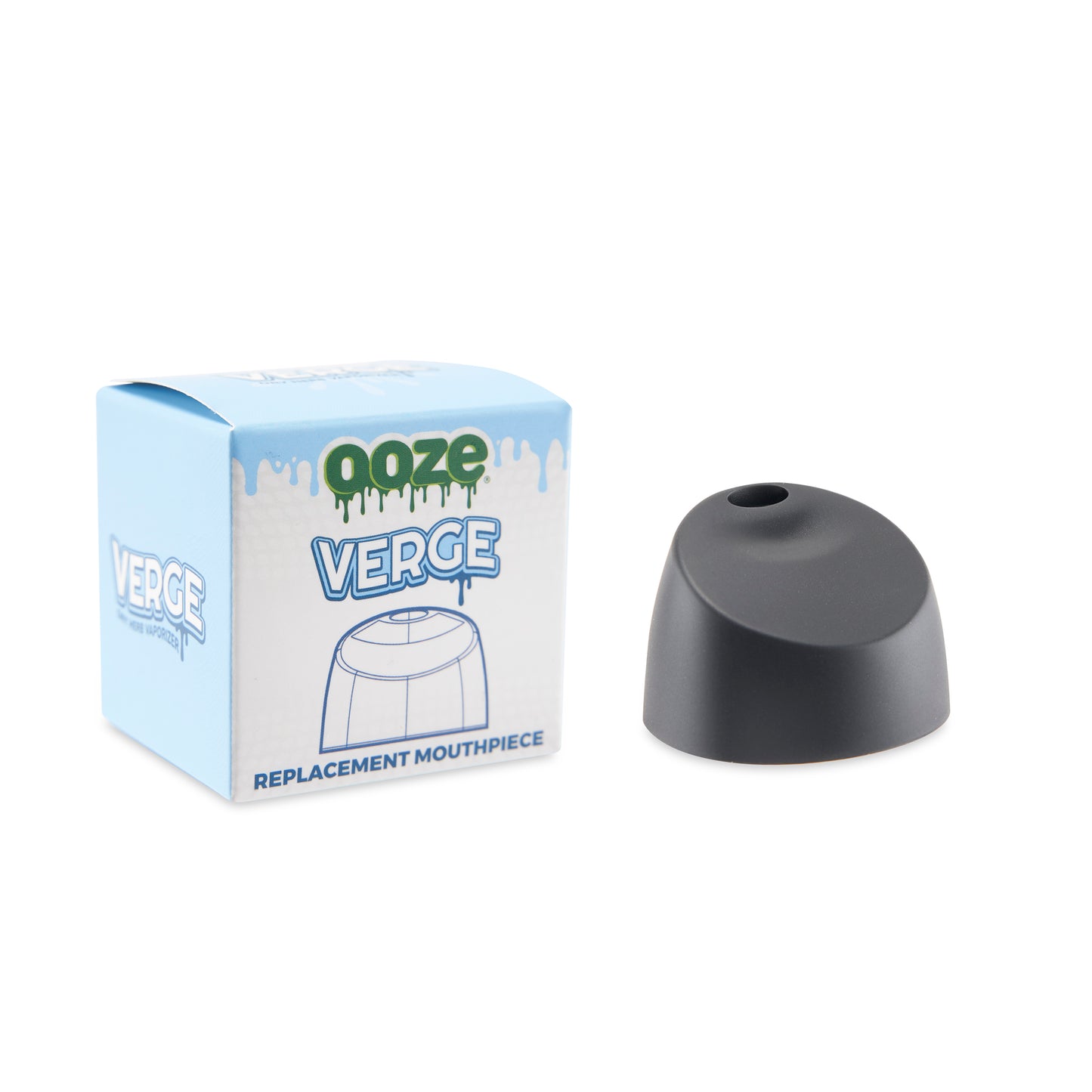 The black magnetic replacement mouthpiece for the Ooze Verge is to the right of its box.