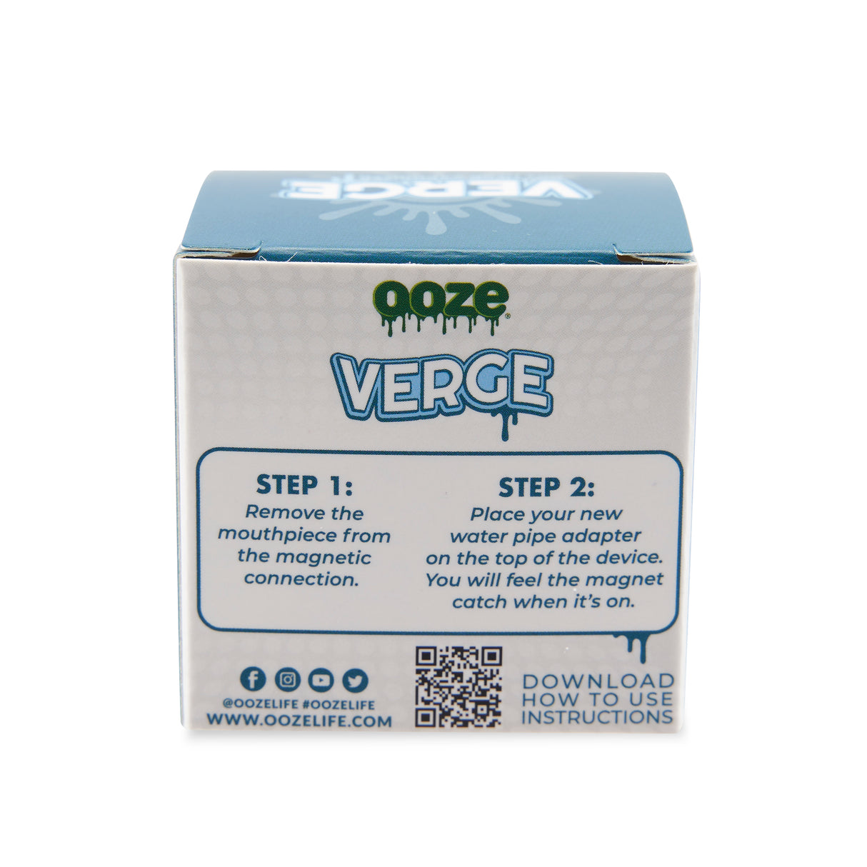 The back of the box for the Ooze Verge water pipe adapter.