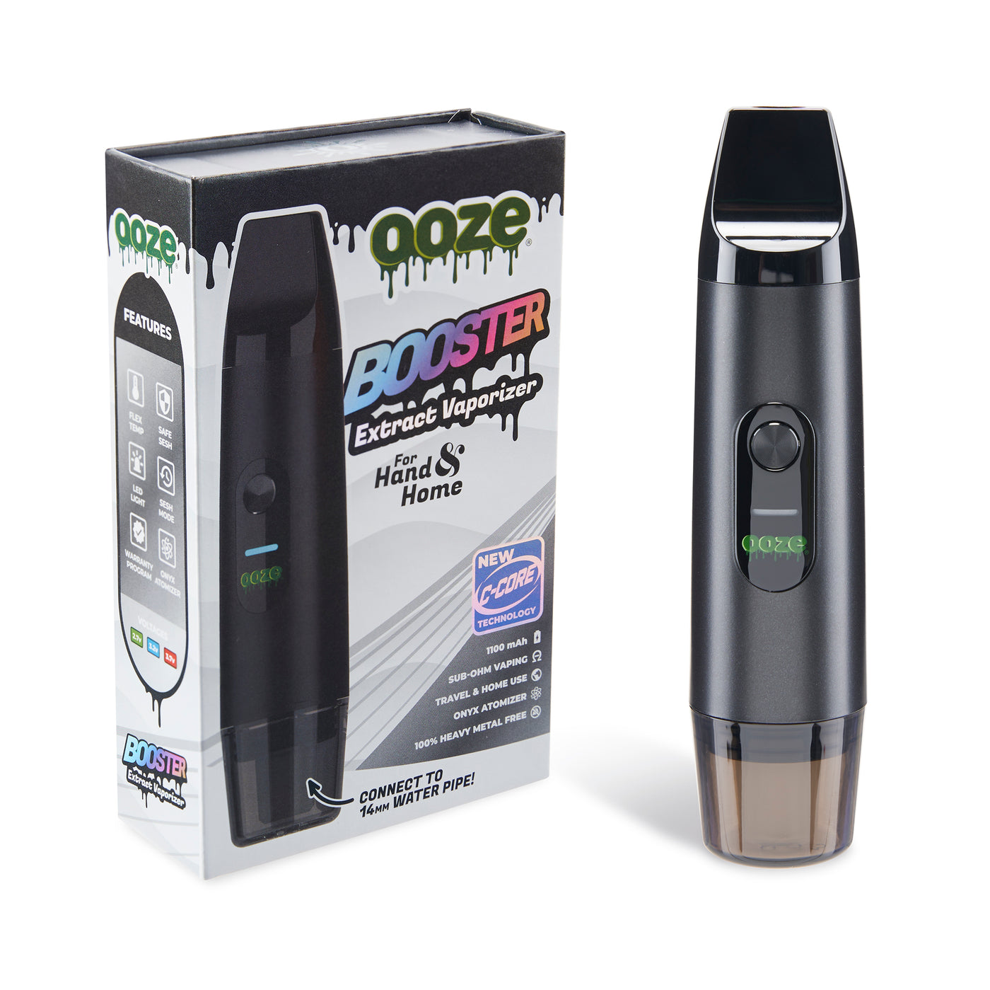 Black Booster Extract Vaporizer is shown standing upright with the cap attached, next to the box.