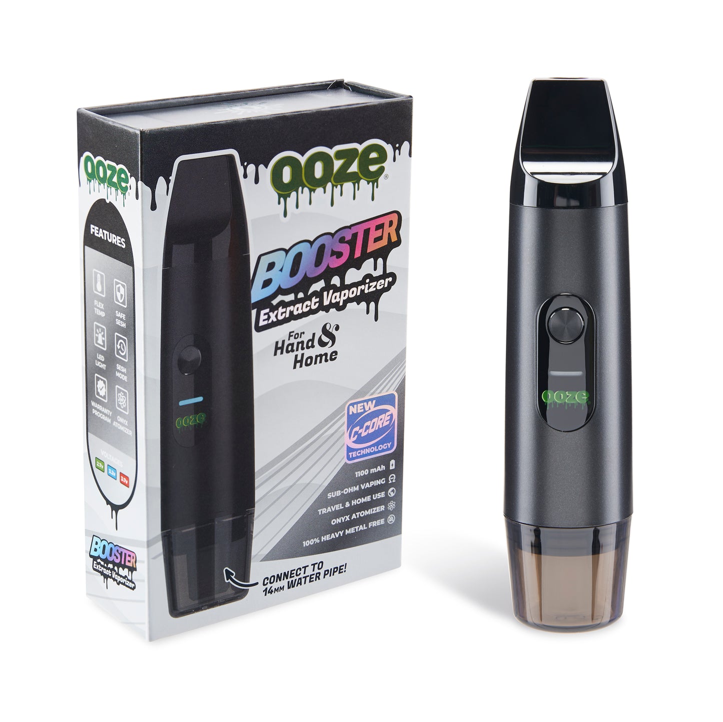 The Panther Black Ooze Booster Extract Vaporizer is shown standing upright with the cap attached, next to the box.