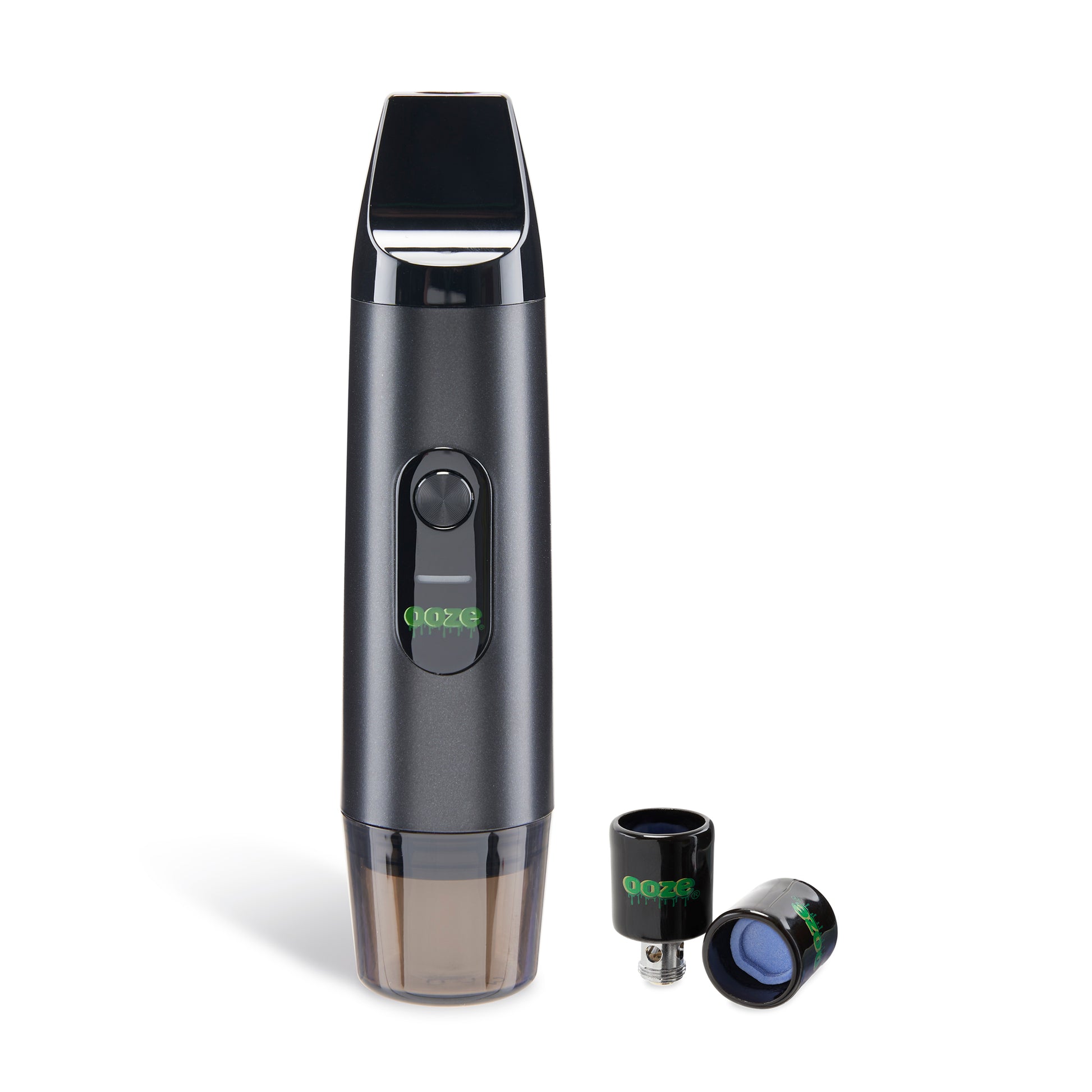The Panther Black Ooze Booster Extract Vaporizer is shown standing upright as a handheld vape with the cap attached. To the right are two extra Onyx Atomizers.