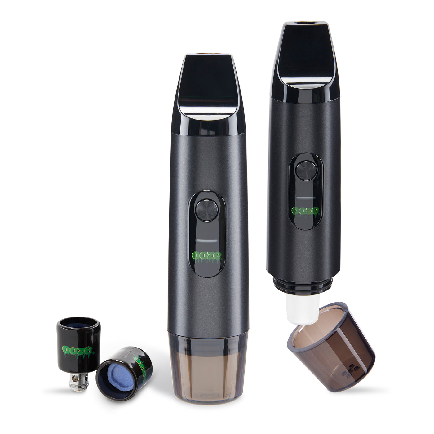 Two Black Booster extract vaporizers with atomizers on the side

