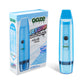 The Arctic Blue Ooze Booster extract vaporizer is shown standing upright next to the box that's standing on an angle.