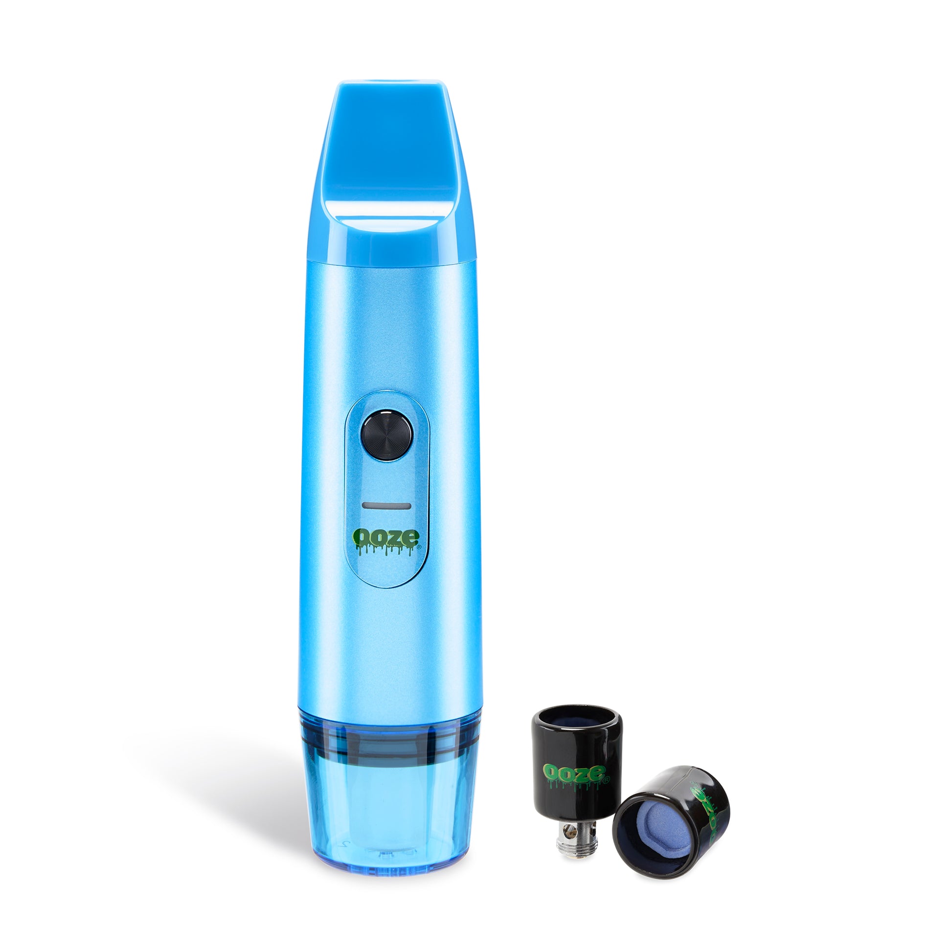 The Arctic Blue Ooze Booster extract vaporizer is standing upright to be used as a handheld vape. Two Onyx Atomizers are to the right, one with upright and one is on its side.
