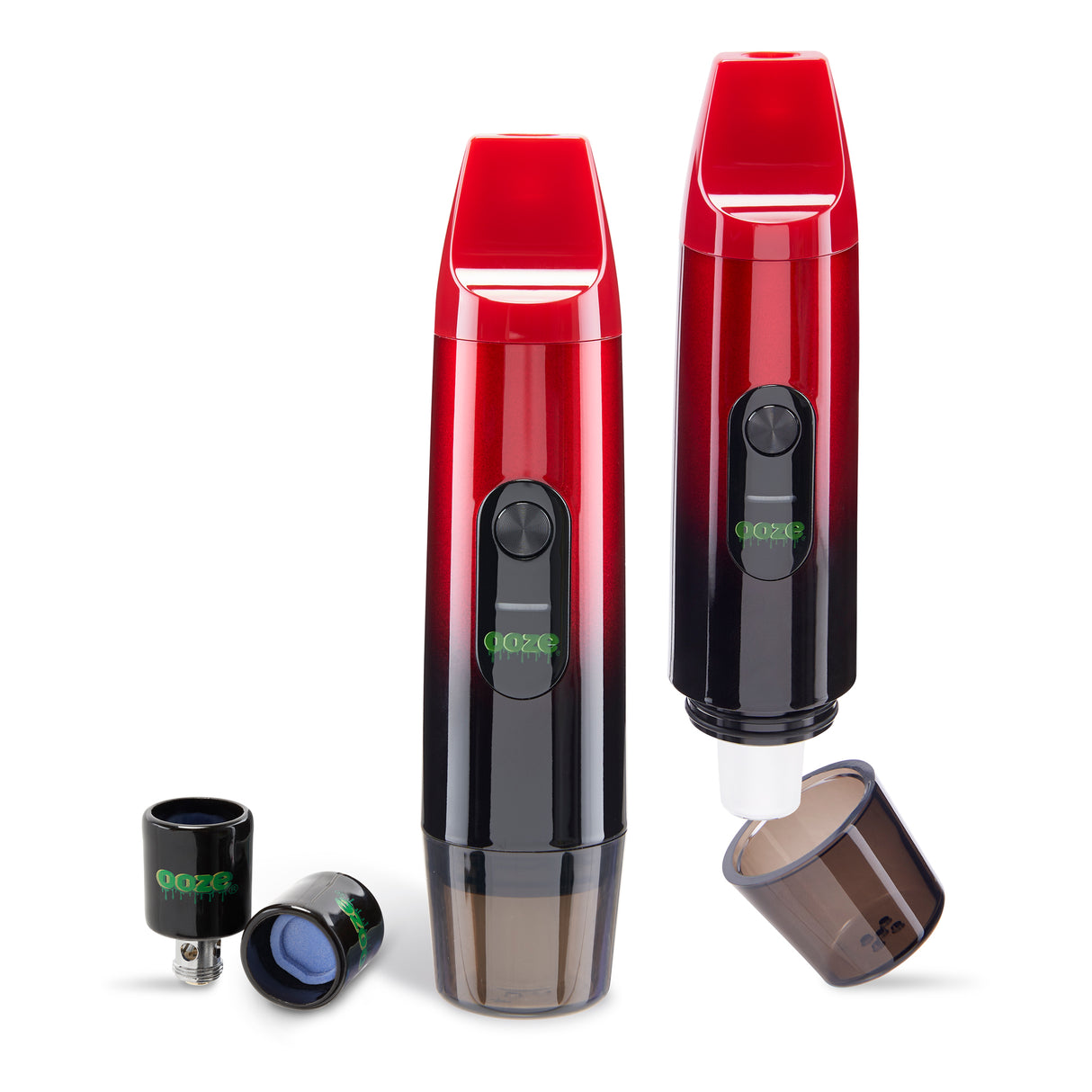 Two Red Booster extract vaporizers with atomizers on the side
