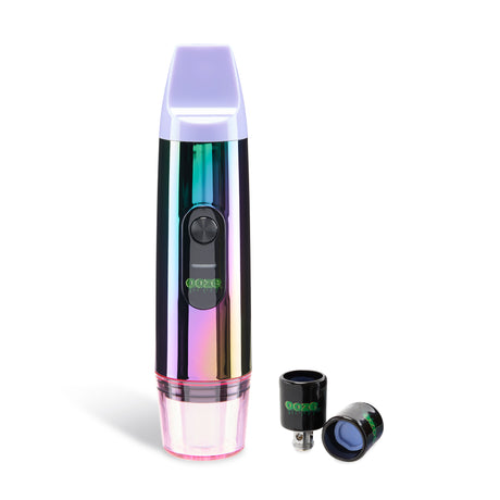 The Rainbow Ooze Booster Extract Vaporizer is shown as a traditional vape with 2 extra Onyx Atomizers to the right. One is upright and the other is on its side.