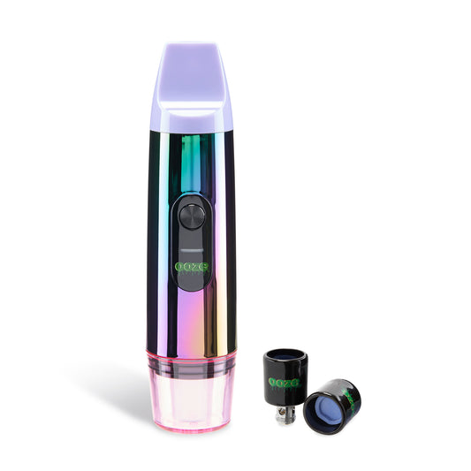 The Rainbow Ooze Booster Extract Vaporizer is shown as a traditional vape with 2 extra Onyx Atomizers to the right. One is upright and the other is on its side.