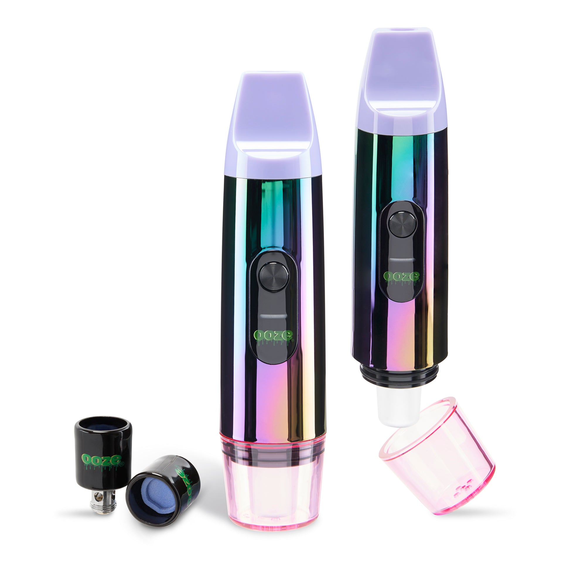 Two Rainbow Ooze Booster Extract Vaporizers are next to each other to show the 2 functions. The left is the handheld vape with 2 Onyx Atomizers to the left. On the right the device is showing the 14mm water pipe adapter with the cap removed.