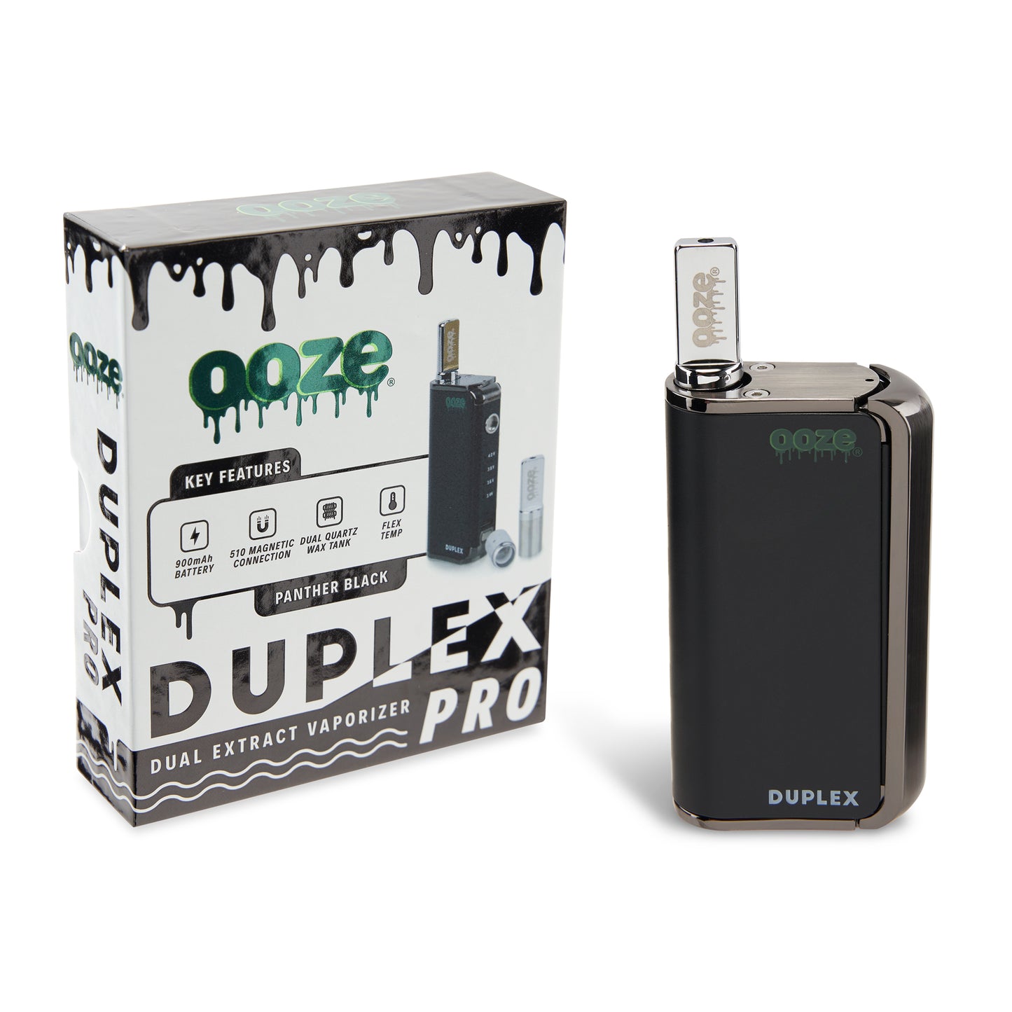 The Panther Black Ooze Duplex Pro Vaporizer is shown next to its packaging with the wax atomizer inserted.