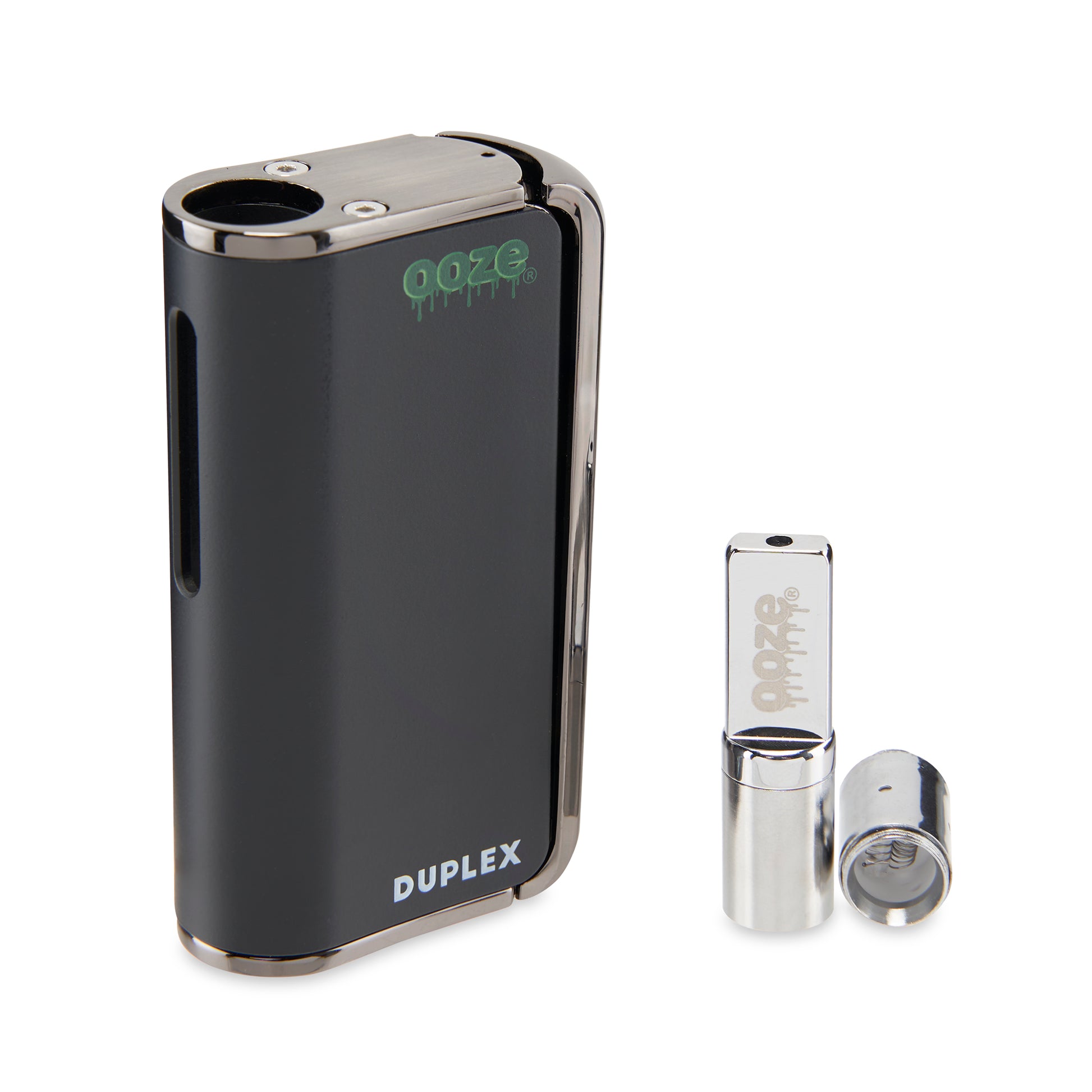 The Panther Black Ooze Duplex Pro Vaporizer is shown on an angle with the wax atomizer to the right, disassembled to show the dual quartz coil.