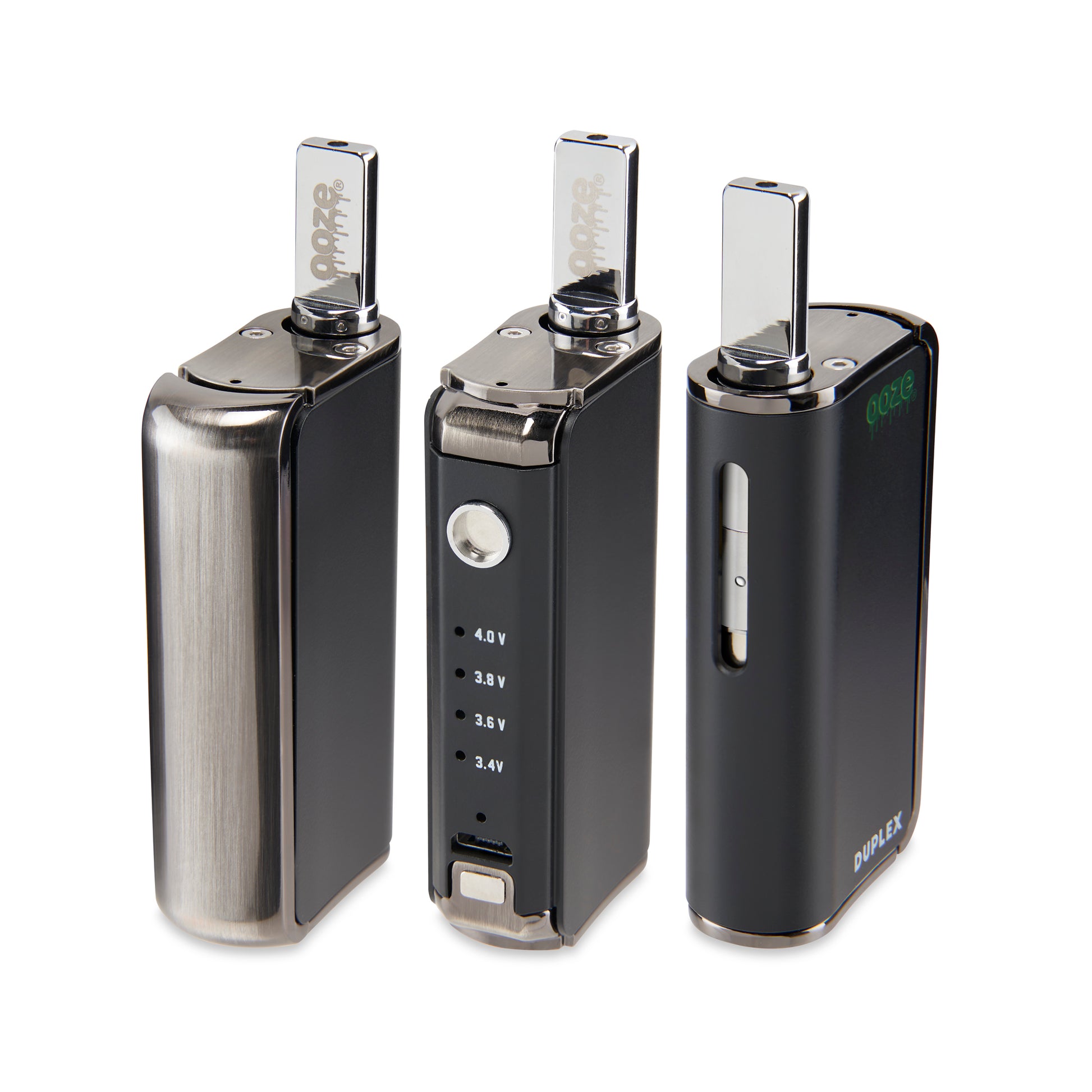 Three of The Panther Black Ooze Duplex Pro Vaporizers are shown in a row. The left shows the device with the magnetic trigger button attached, the middle shows it without, and the right shows the opposite end of the device.