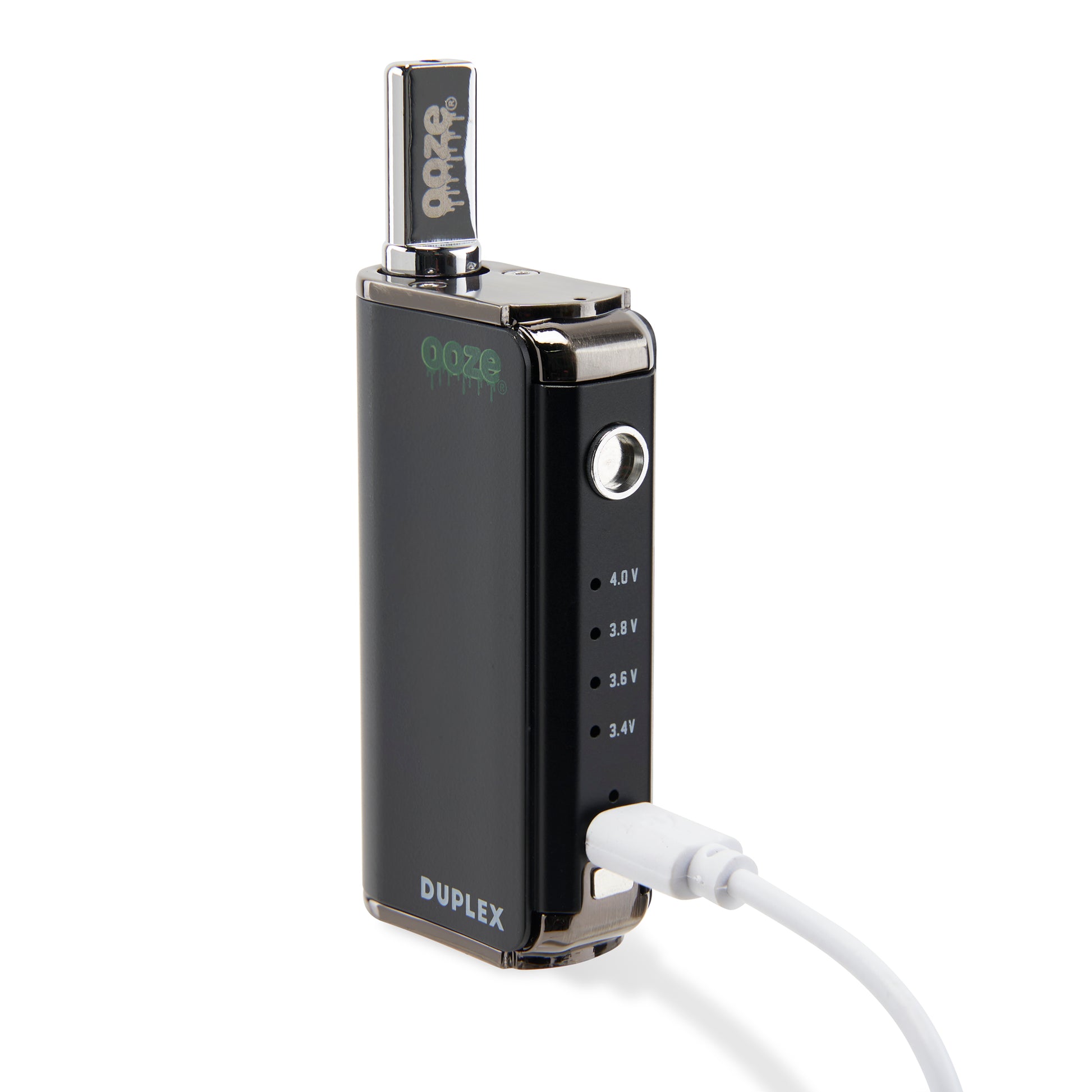 The Panther Black Ooze Duplex Pro Vaporizer is shown with the magnetic trigger button removed and the type-c charger plugged in.