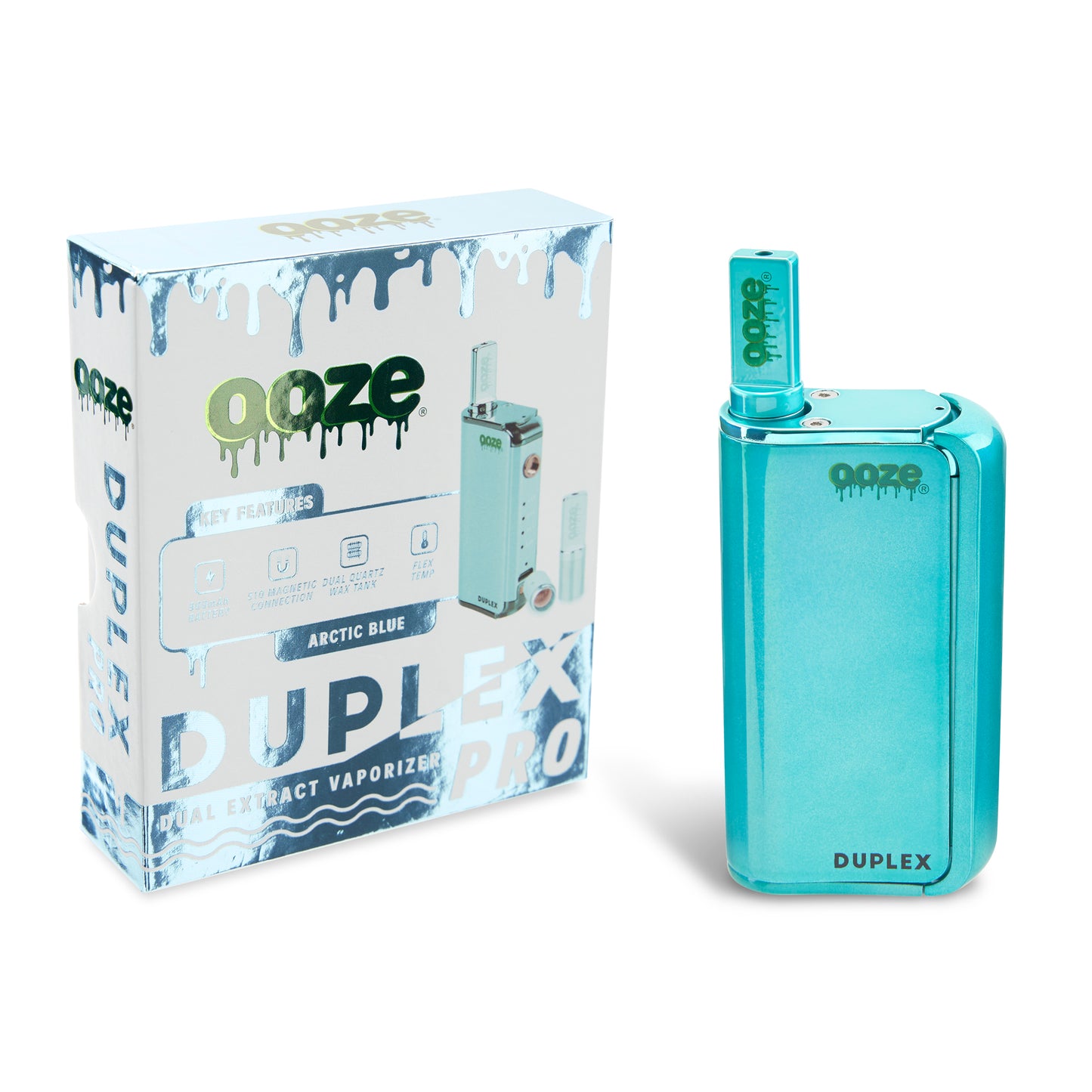 The Arctic Blue Ooze Duplex Pro Vaporizer is shown next to the packaging with the wax tank inserted.