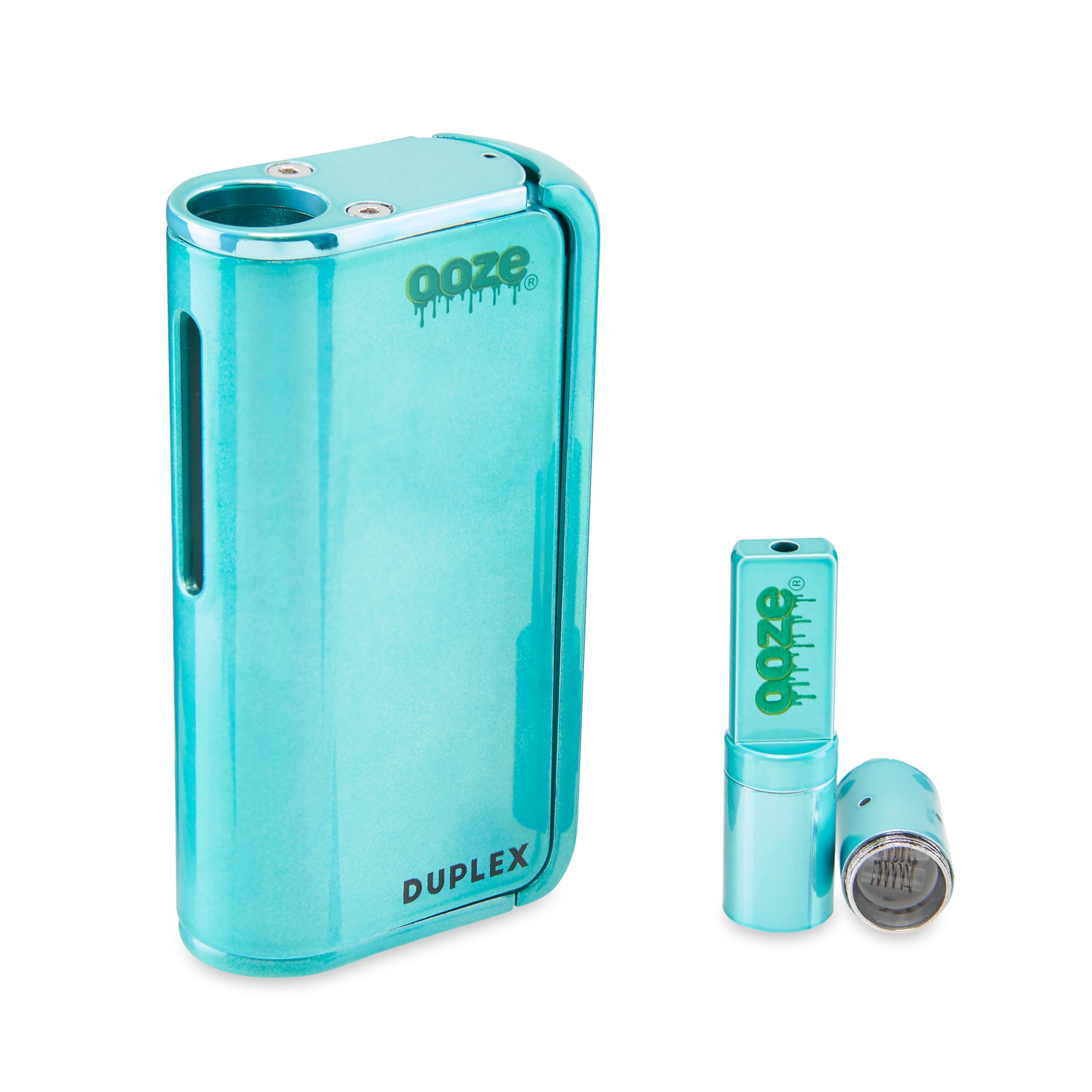 The Arctic Blue Ooze Duplex Pro Vaporizer is shown on an angle with the wax atomizer to the right, disassembled to show the dual quartz coil.