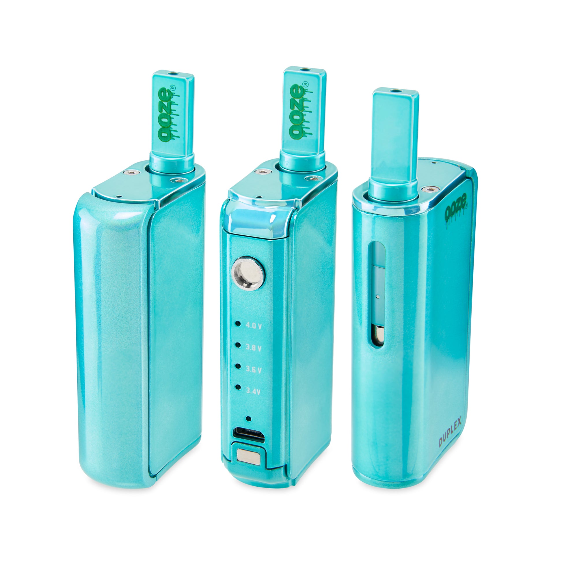 Three of the Arctic Blue Ooze Duplex Pro Vaporizers are shown in a row to show the trigger button. The left shows the device with the magnetic button on, the middle shows it removed, and the right shows the other end of the device.