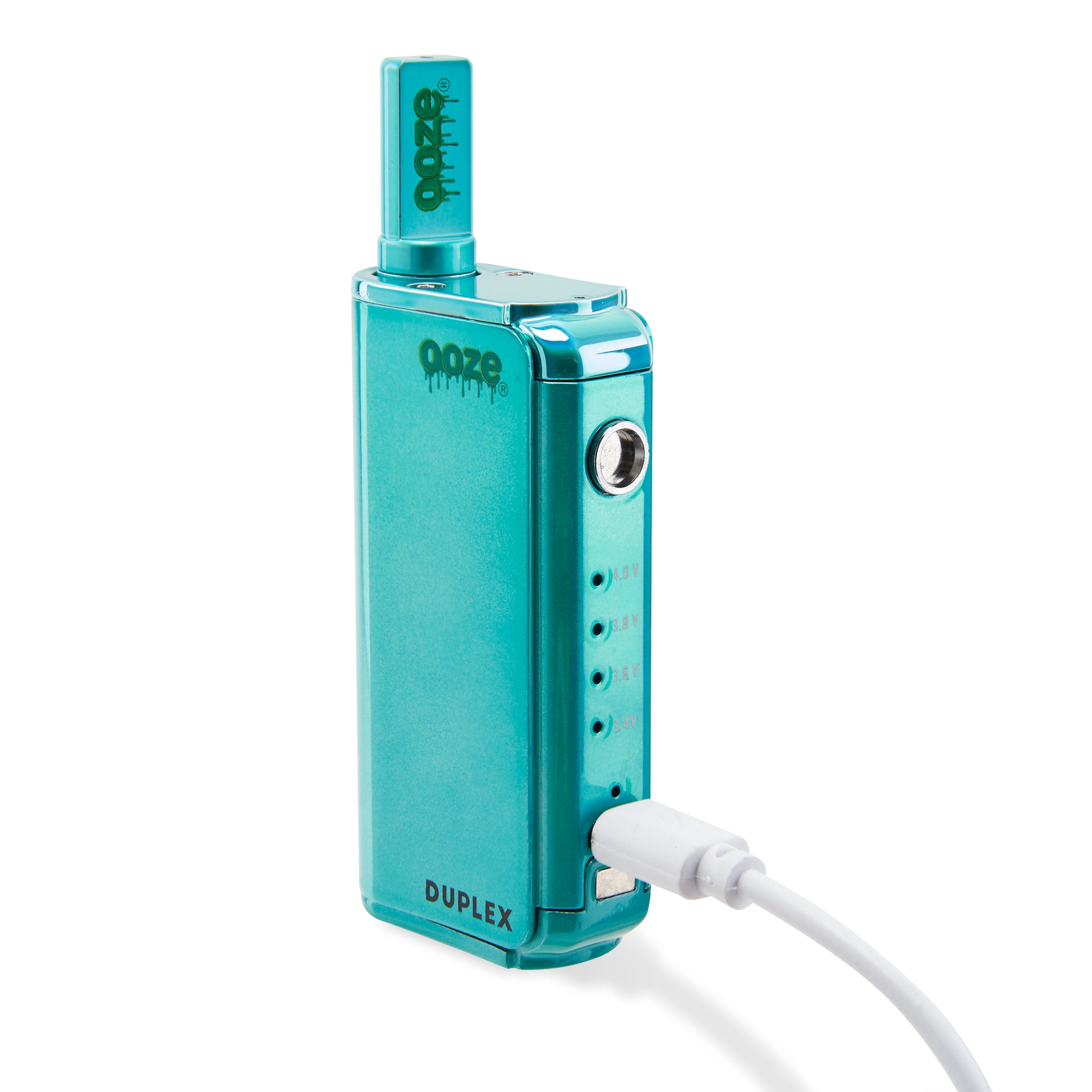 The Arctic Blue Ooze Duplex Pro Vaporizer is shown with the trigger button plate removed and the type-C charger plugged in.