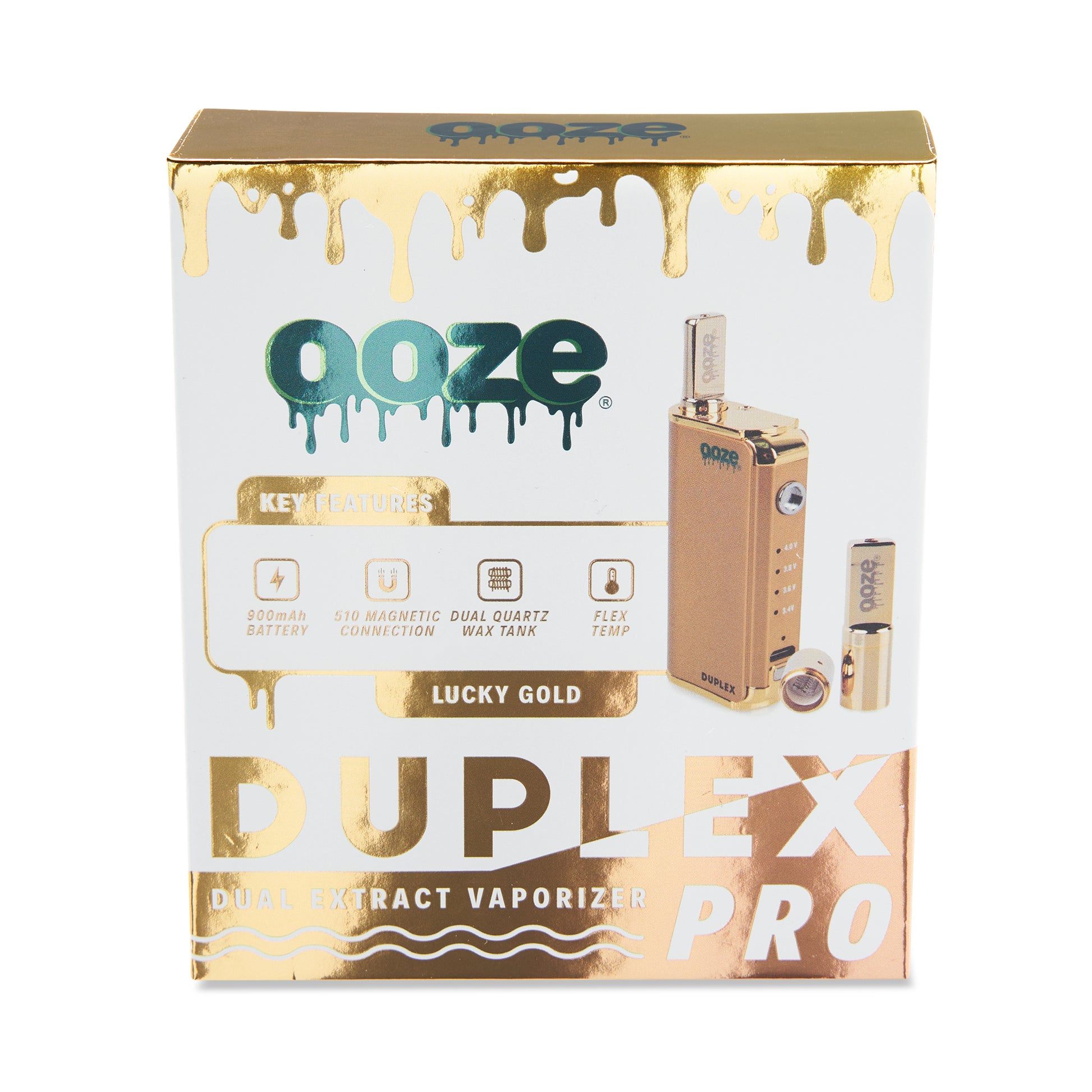 The front of the packaging for The Lucky Gold Ooze Duplex Pro Vaporizer.
