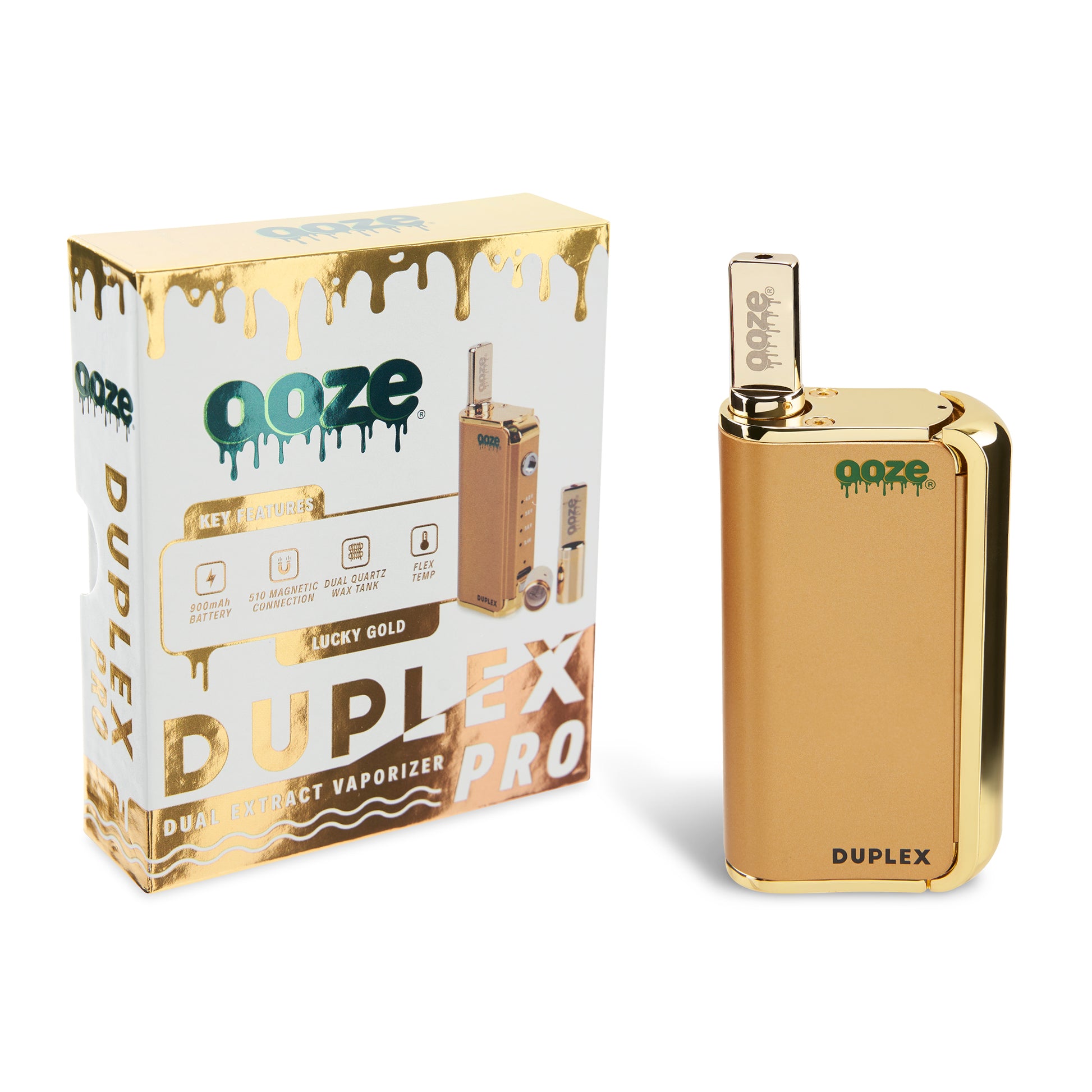 The Lucky Gold Ooze Duplex Pro Vaporizer is shown next to the packaging with the matching wax atomizer inserted.