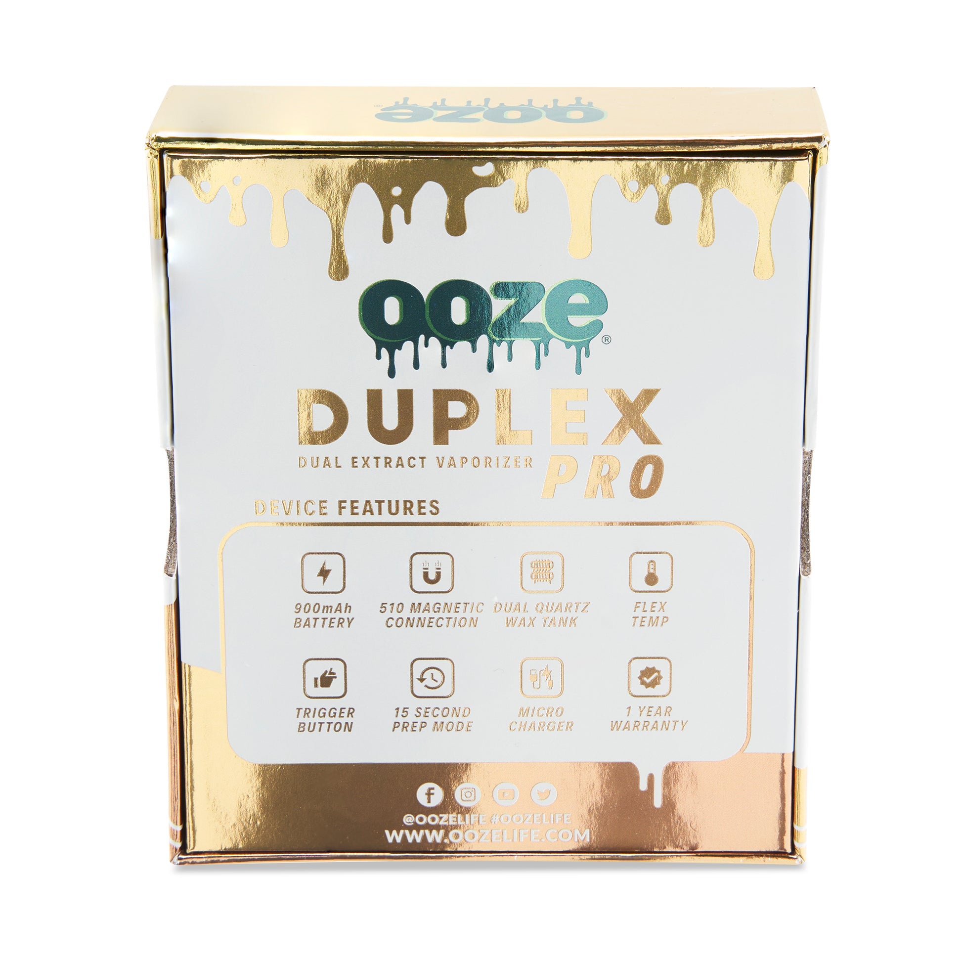 The back of the packaging for The Lucky Gold Ooze Duplex Pro Vaporizer.
