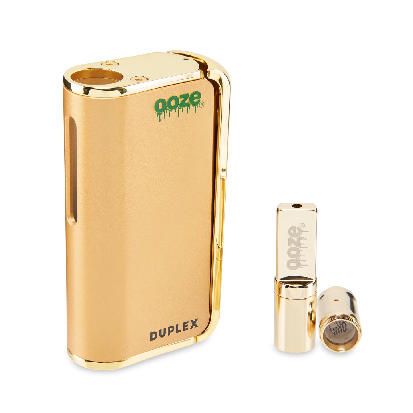 The Lucky Gold Ooze Duplex Pro Vaporizer is shown on an angle next to the wax atomizer that is unscrewed to show the dual quartz coil.